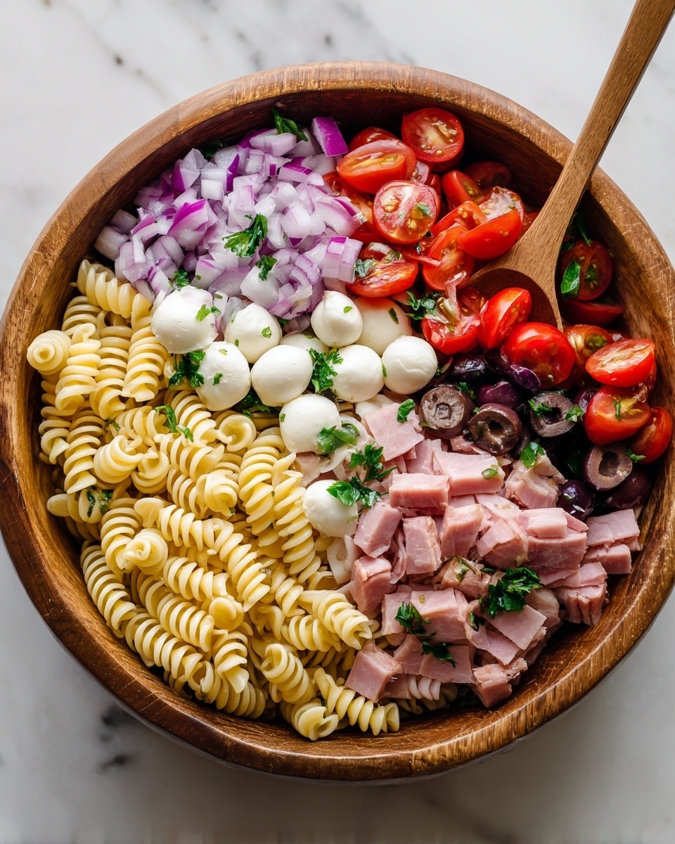 A close-up of a pasta salad in a wooden bowl on a white marbled surface, showing three main layers: the bottom layer is pale yellow spiral pasta with a smooth and slightly shiny texture, the middle layer has bright red cherry tomatoes cut in half, thin slices of pink ham, and sliced black olives, and the top layer features small white mozzarella balls, chopped purple onions, green parsley leaves, and pieces of red bell pepper, being scooped with a wooden spoon held by a woman's hand. photo taken with an iphone --ar 4:5 --v 7