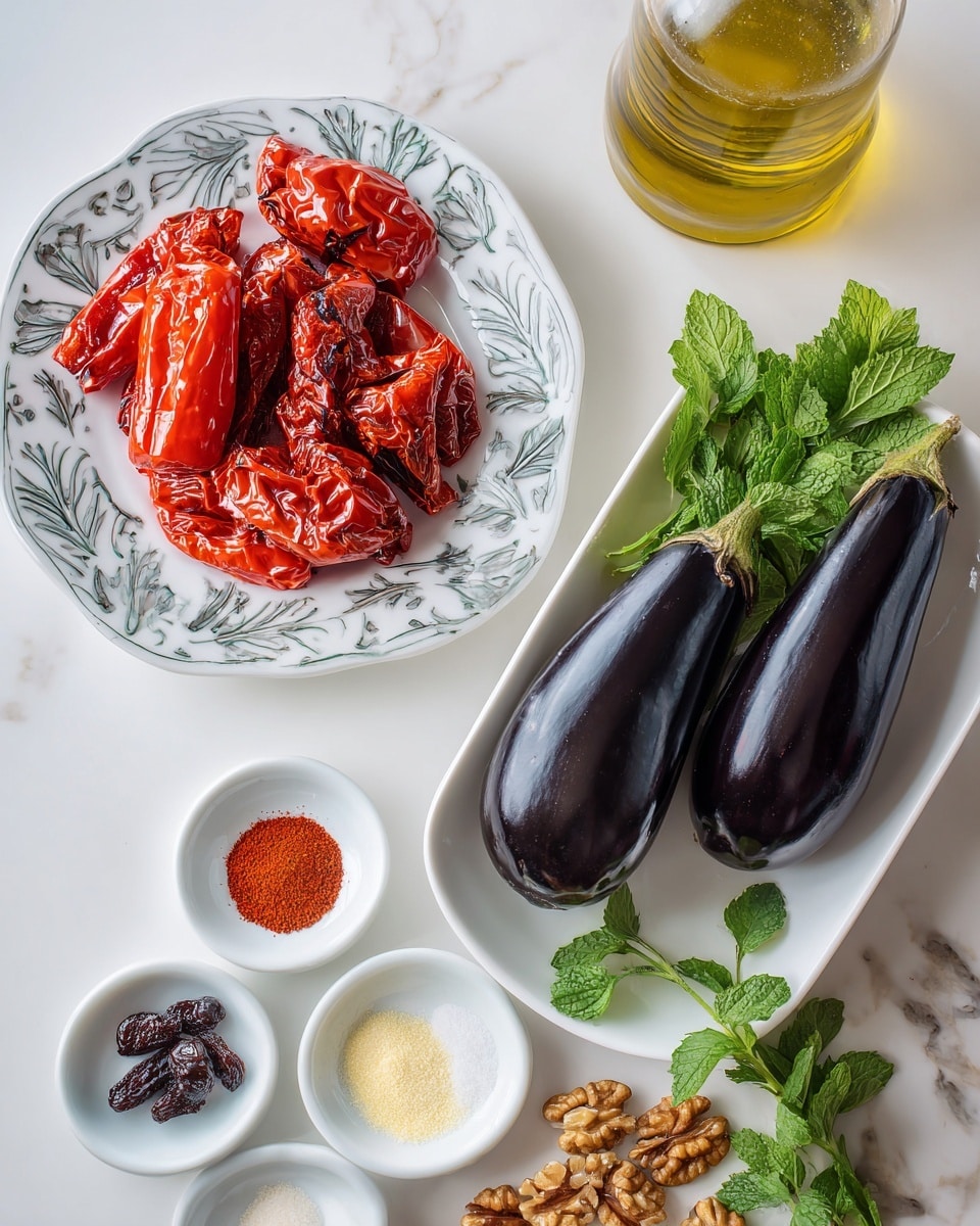 The image shows a white plate with a detailed leafy pattern holding bright red roasted peppers with a soft texture, located on the left side. To the right, there is a white elongated bowl containing two dark purple shiny eggplants at the top, fresh green parsley and mint leaves below them. Below the plate and bowl, there are small white bowls with rims holding colorful spices and ingredients: deep red paprika, pale yellow powder, coarse white salt, a garlic clove, dark brown raisins, and light brown walnut halves. Above the bowl of eggplants, there is a clear glass bottle filled with golden olive oil. All these items are placed on a white marbled textured surface. photo taken with an iphone --ar 4:5 --v 7