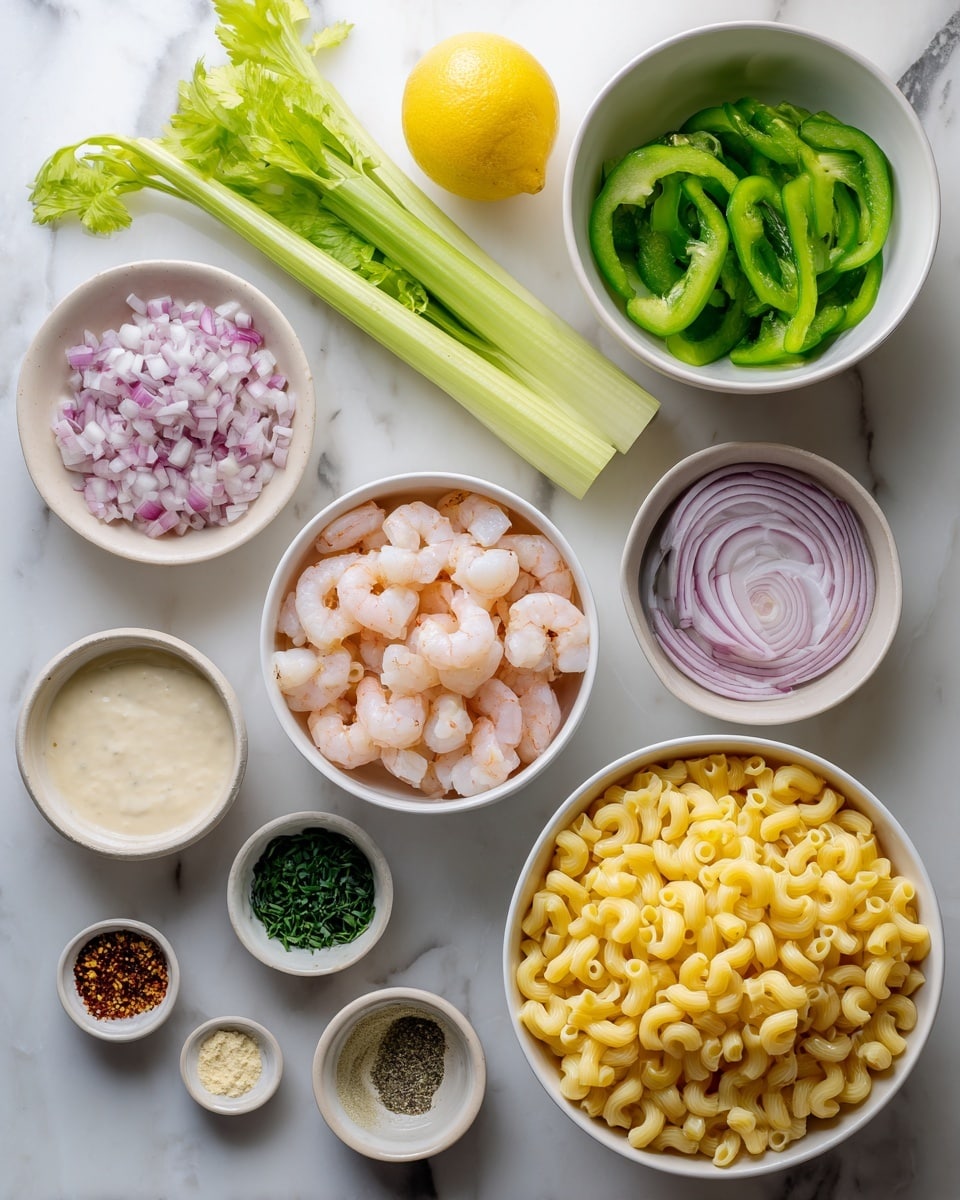 The image shows a top view of several white bowls and small containers arranged on a white marbled surface, each filled with different ingredients. One large bowl on the right has yellow cooked elbow macaroni, while a medium bowl in the center contains pink cooked shrimp. To the left, there is a white bowl with finely chopped pale purple onions and a yellow lemon on the surface above some fresh green bell peppers. There are two green celery stalks lying horizontally in the center. Small round bowls contain a light creamy white sauce, a smooth pale mustard, chopped green herbs, and a small white bowl with salt, black pepper, and a red spice. The bowls and items are arranged neatly with clear colors and textures. Photo taken with an iphone --ar 4:5 --v 7
