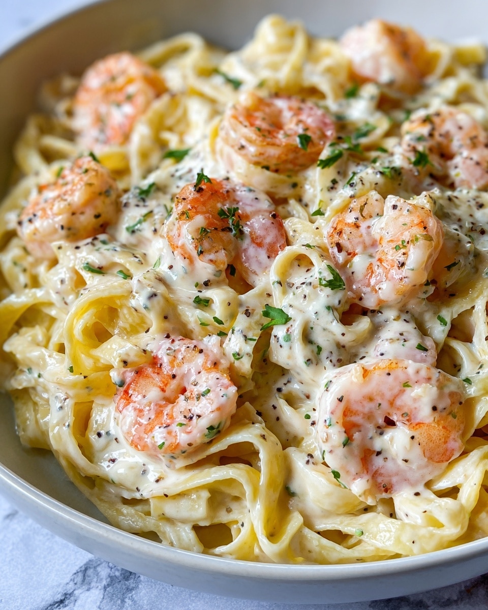 A close-up view of a white dish filled with creamy fettuccine pasta mixed with several plump, pink shrimp evenly spread on top. The pasta is coated in a smooth white sauce with visible specks of black pepper and small pieces of green parsley sprinkled over everything, adding a touch of color. The creamy texture of the sauce contrasts with the firm, slightly curled shrimp and long, flat noodles intertwined throughout the dish. The background is a white marbled texture, and the photo taken with an iphone --ar 4:5 --v 7