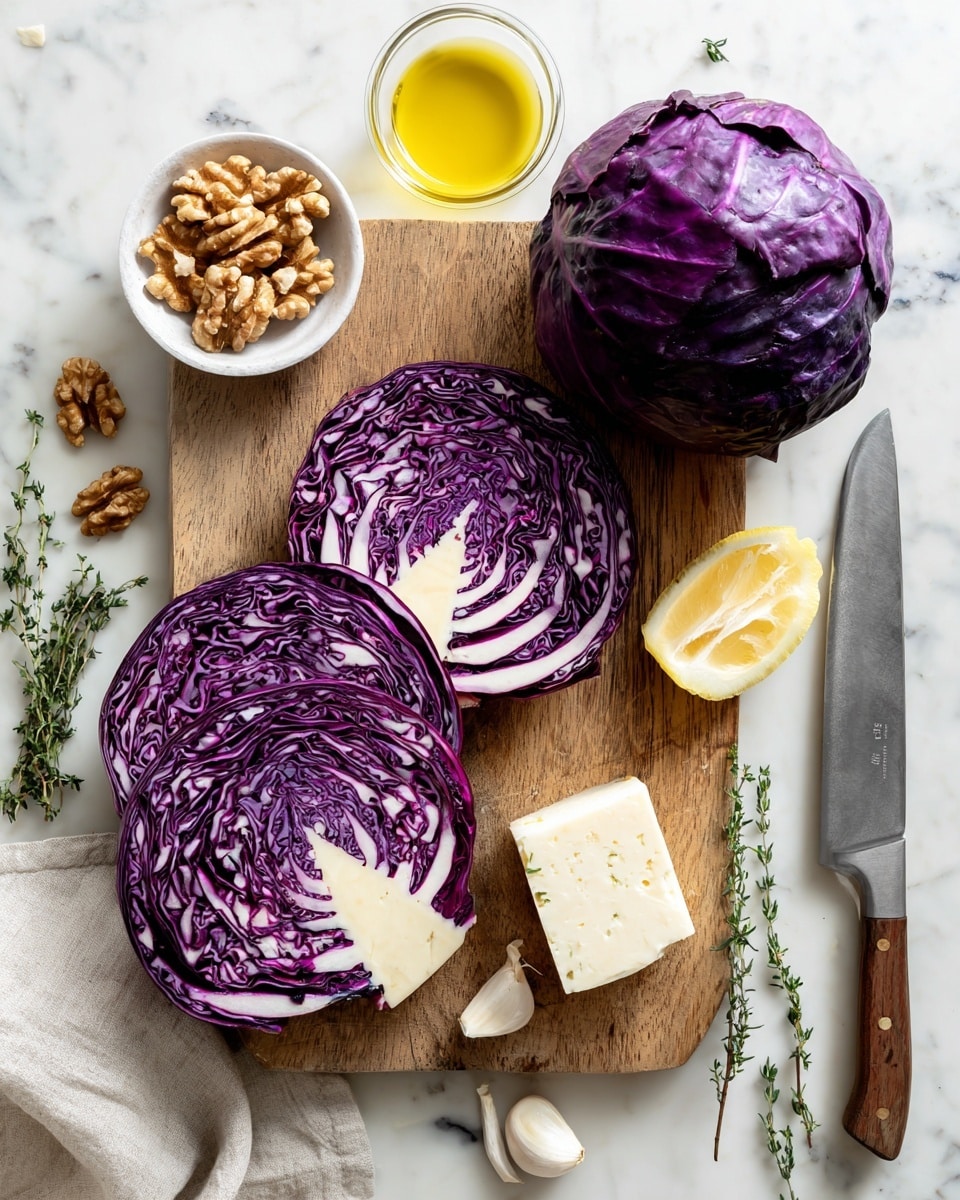 The image shows a wooden cutting board on a white marbled tile surface, with a whole dark purple cabbage on the right side and three thick slices of purple cabbage with white veins arranged on the left side of the board. A large knife with a metal blade and dark handle lies diagonally across the top right corner of the cutting board. Nearby on the white marbled surface, there are a small white bowl filled with walnuts, a white bowl holding a block of white cheese, a half yellow lemon, a few broken garlic cloves scattered, a sprig of fresh thyme, and a small glass cup filled with golden olive oil. The scene is bright and clean. photo taken with an iphone --ar 4:5 --v 7