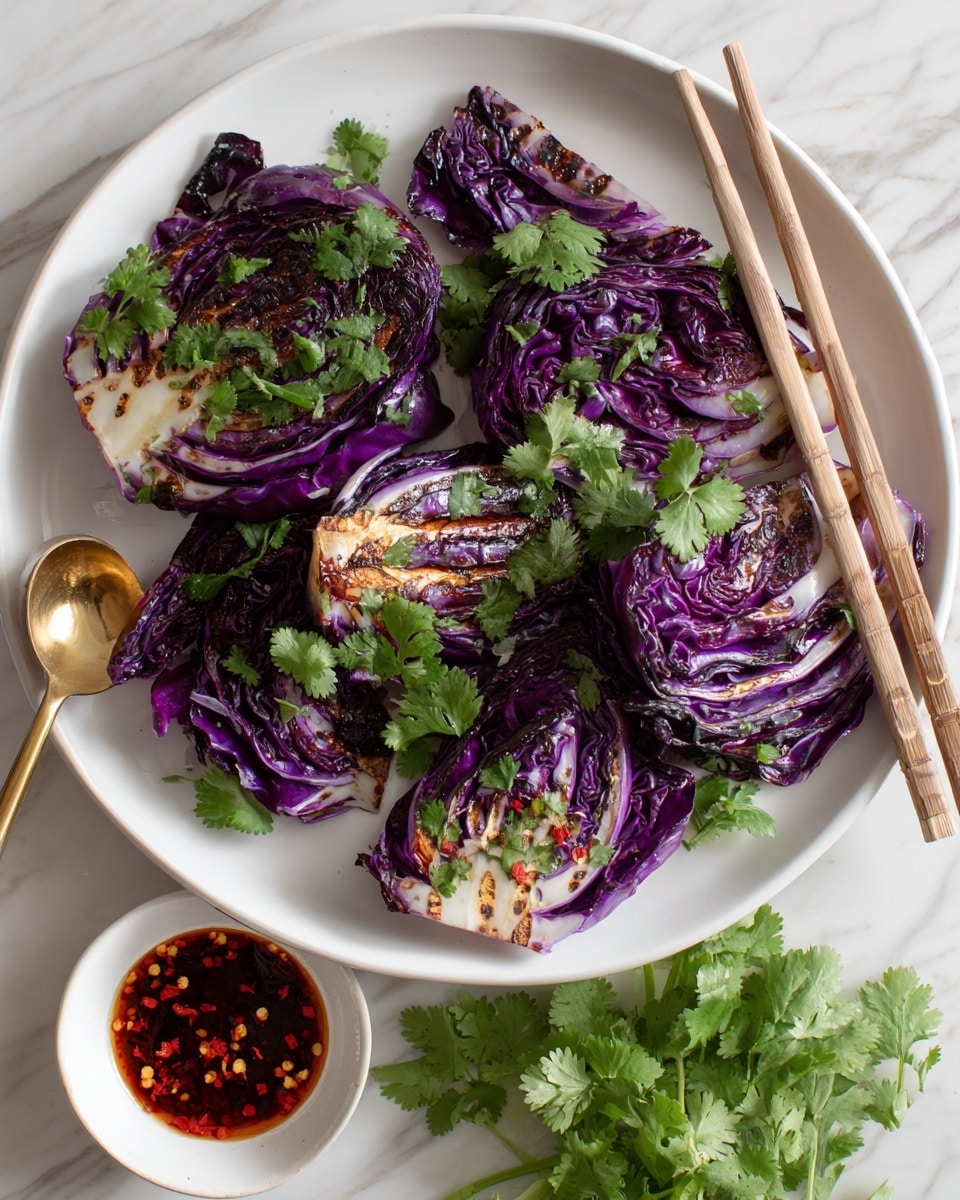 The image shows a white plate with eight pieces of grilled purple cabbage, each piece showing layers of deep purple leaves with some light charring and brown spots from grilling. Fresh green cilantro leaves are scattered on top and around the cabbage for garnish. There are wooden chopsticks resting on the edge of the plate. The plate sits on a white marbled surface, and next to it is a small white bowl containing a dark red sauce with chili flakes and a gold spoon resting on the surface beside the bowl. Some fresh cilantro leaves are also laid on the marbled surface near the plate. Photo taken with an iphone --ar 4:5 --v 7