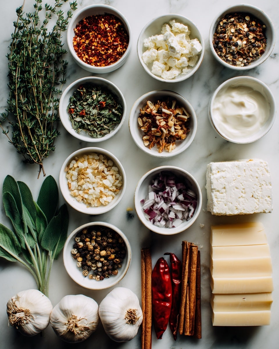 The image shows a flat white marbled surface with various small white bowls and items arranged neatly in rows. There are fresh green herbs like thyme and sage on the left side. The bowls contain red pepper flakes, ground pepper, small white crumbled cheese, a mix of seeds, sliced red onions, and white creamy yogurt. Near the bottom, there are garlic bulbs, two red chili peppers, sticks of cinnamon, and white cheese slices next to a solid block of cheese. The colors are natural and the textures range from smooth yogurt and cheese to rough spices and fresh herbs. Photo taken with an iphone --ar 4:5 --v 7