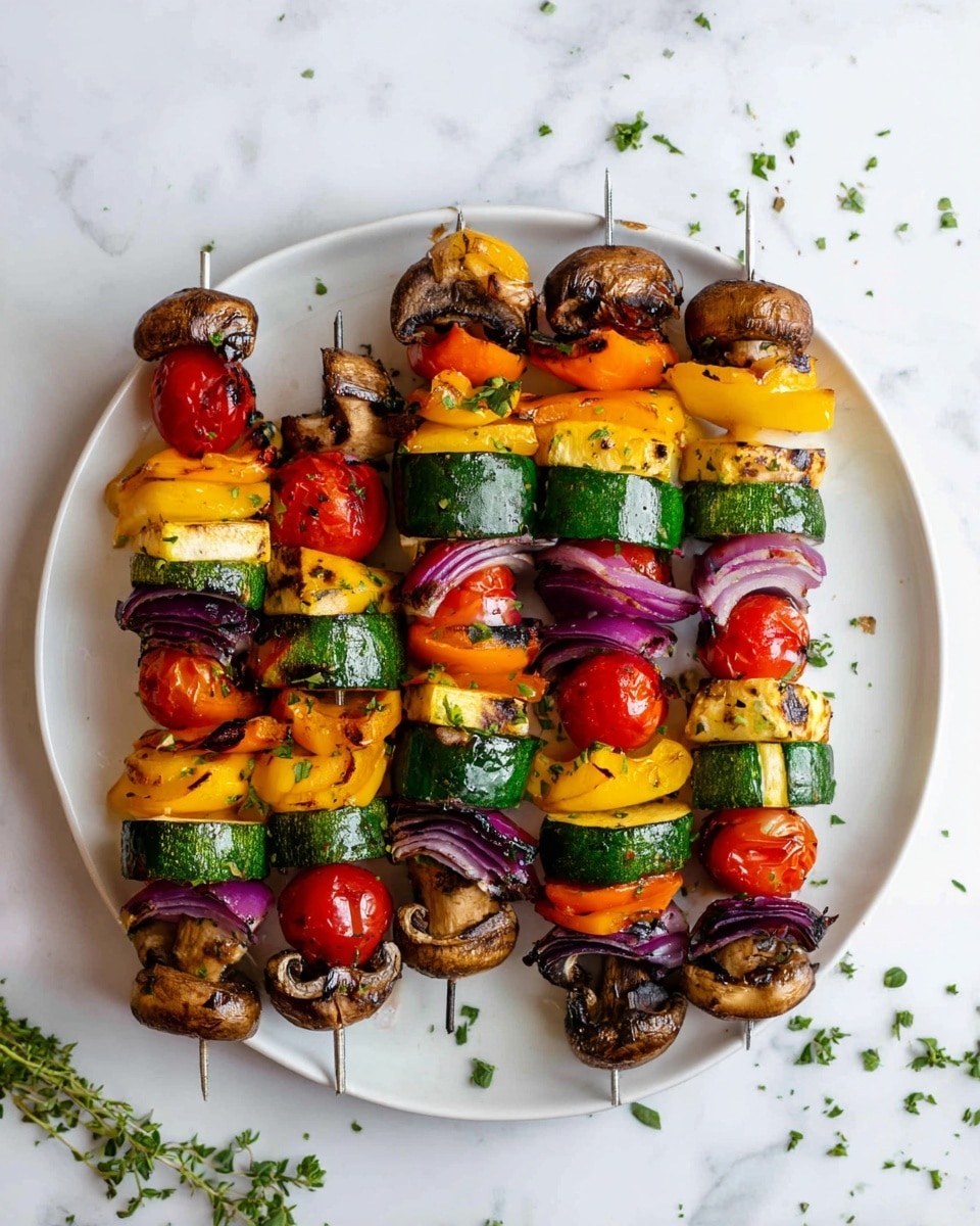 The image shows a white plate with six metal skewers arranged side by side. Each skewer has layers of colorful grilled vegetables: green zucchini slices, red cherry tomatoes, orange and yellow bell pepper pieces, red onion chunks, and green bell pepper pieces. Grilled mushroom pieces are also included, mainly in the middle skewers. The vegetables have a slightly charred texture, giving a grilled look. The plate rests on a white marbled surface with some scattered green herbs around the edges. A woman’s hand holding the side of the plate is partly visible at the bottom right corner. photo taken with an iphone --ar 4:5 --v 7