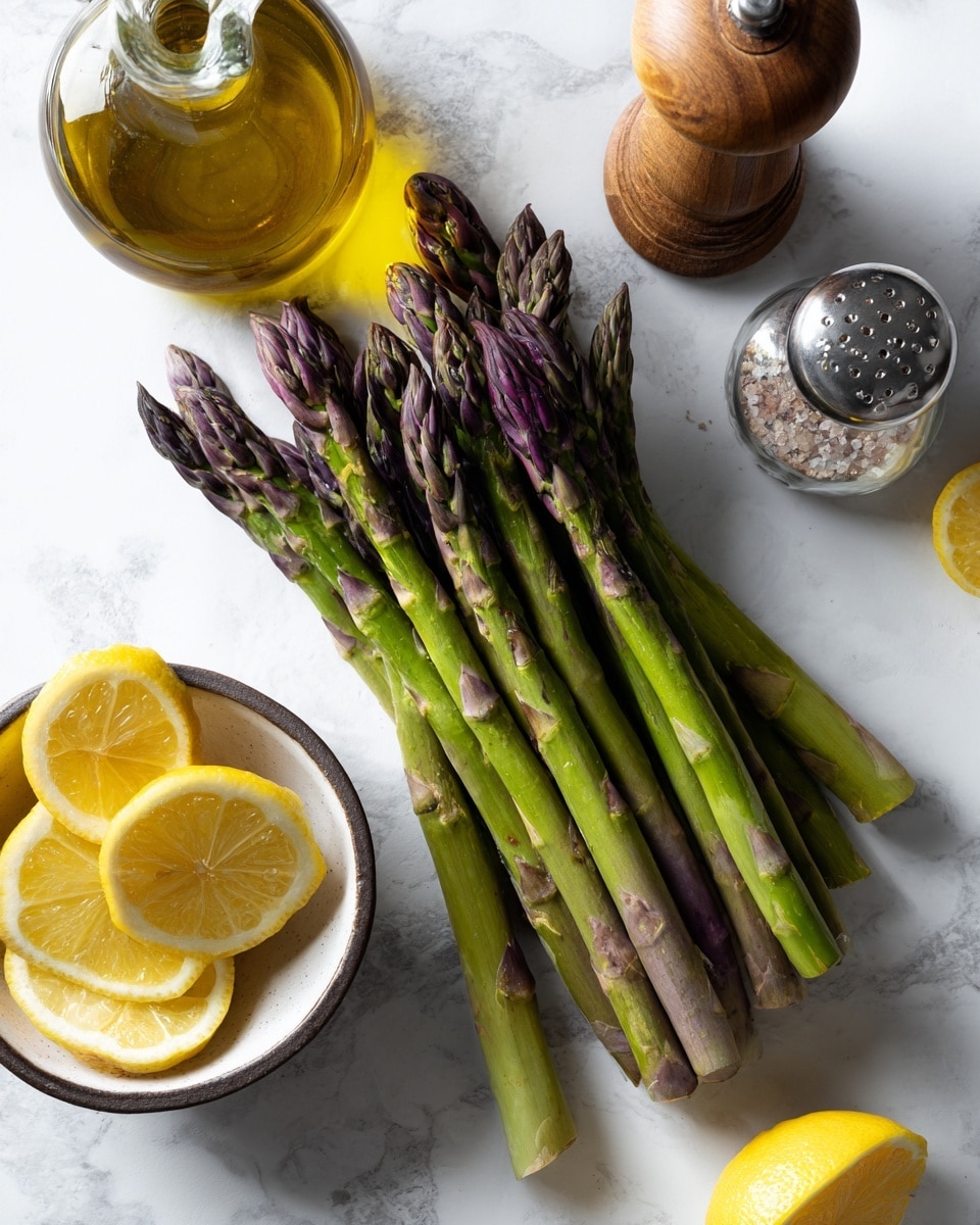A bunch of fresh green asparagus spears with purple tips lays diagonally on a white marbled surface. Above the asparagus, there is a small round wooden pepper grinder and a glass salt shaker with a metal top. To the left, a clear glass bottle filled with golden olive oil is visible, and at the bottom left corner, a white bowl with a dark rim holds several bright yellow lemon wedges arranged inside. The light is soft and natural, highlighting the fresh textures and colors of the ingredients. photo taken with an iphone --ar 4:5 --v 7