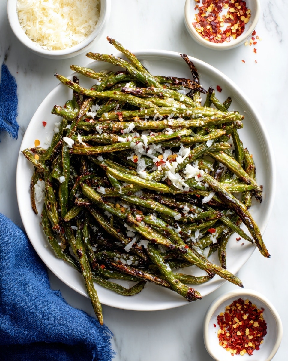A white plate filled with a pile of roasted green beans, slightly wrinkled and charred in places, sprinkled with thinly shredded white cheese and small red chili flakes. Surrounding the plate are two small white bowls, one with grated cheese and the other with red pepper flakes, placed on a white marbled surface. A blue cloth is partly visible near the bottom left of the plate. Photo taken with an iphone --ar 4:5 --v 7