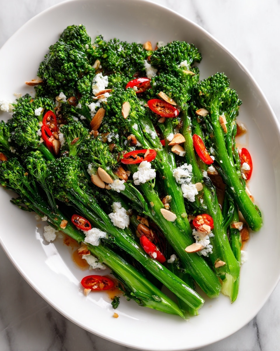 A white round plate holds a dish with tall, green broccolini laying flat and spread out evenly. Scattered across the broccolini are small, thin slices of red chili peppers, crumbled white cheese bits, and light beige toasted almond flakes. The broccolini's texture is crisp with small flower-like heads, contrasting with smooth, round chili slices and crumbly cheese. The background is a white marbled surface. Photo taken with an iphone --ar 4:5 --v 7