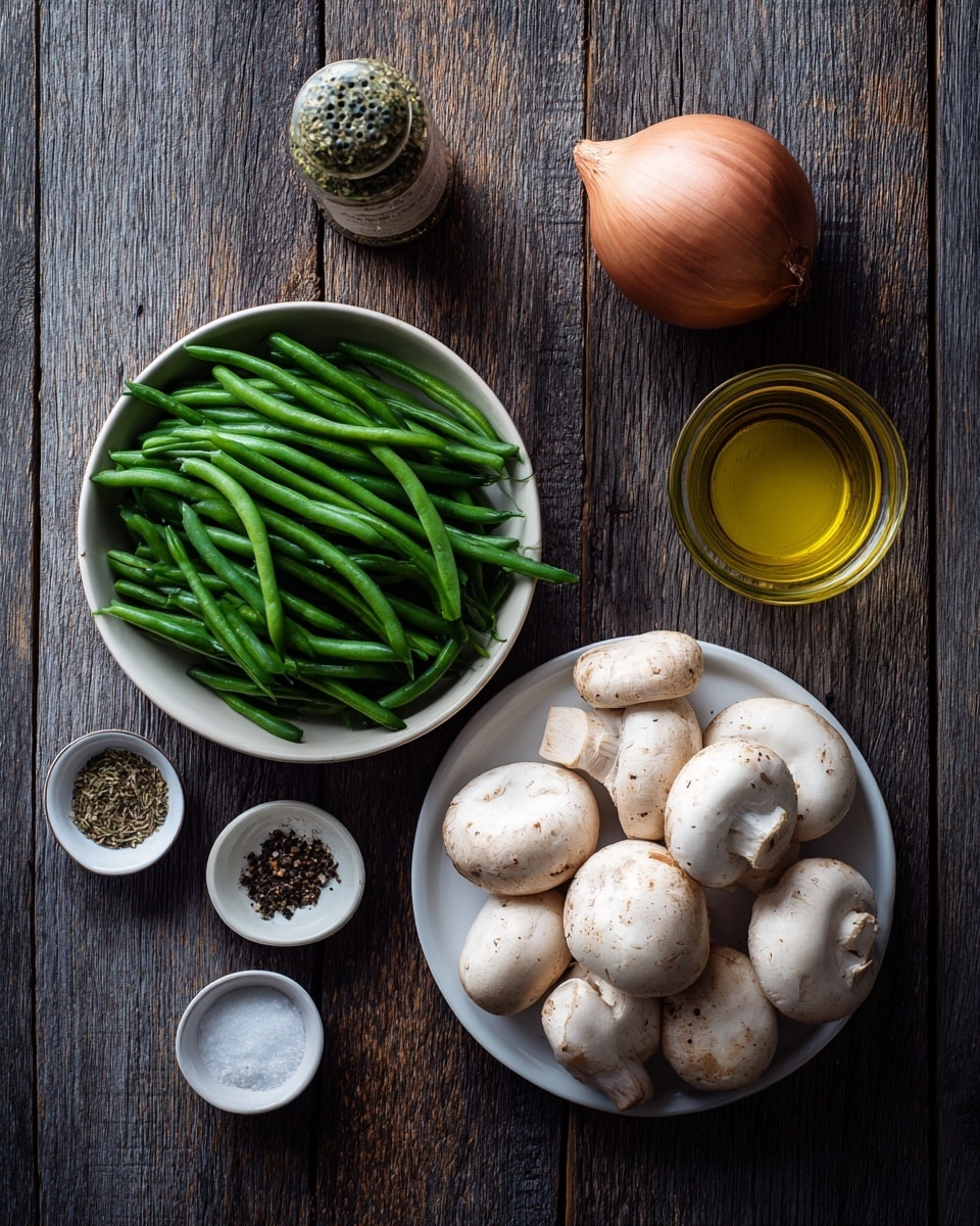 The image shows fresh ingredients neatly arranged on a dark wooden surface with a white marbled texture. On the left, there is a small white bowl filled with fresh green beans, bright and smooth in texture. Below it, there is a bottle of Italian herb seasoning, and nearby are two small white dishes, one with salt and the other with black pepper. On the right side, a round white plate holds several whole white mushrooms, smooth and clean, with a large red onion placed above them. A small clear glass bowl with light yellow cooking oil is next to the onion. photo taken with an iphone --ar 4:5 --v 7