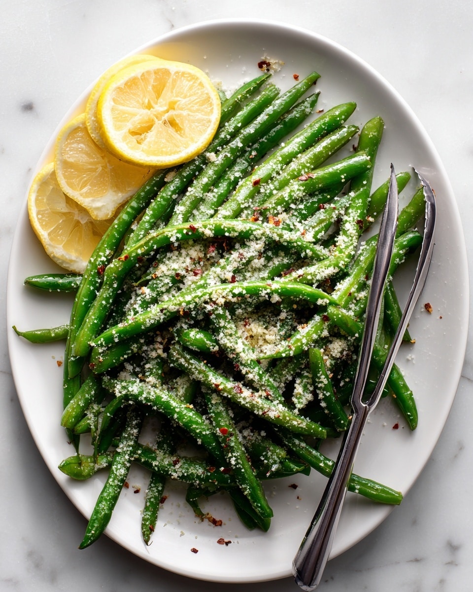 A white plate filled with a large pile of cooked green beans covered with a dry, grainy seasoning that looks like grated cheese and fine salt, with small red chili flakes sprinkled on top. Two lemon wedges with bright yellow rinds rest on the top left side of the beans. A metal tong sits on the right side of the plate, partially resting on the green beans. The whole scene is set on a white marbled surface. photo taken with an iphone --ar 4:5 --v 7
