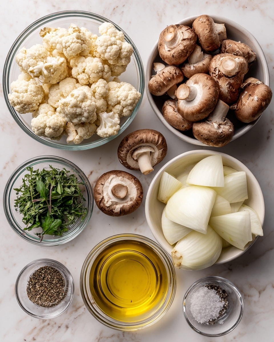 The image shows six clear and white bowls on a white marbled surface, each containing different cooking ingredients. Starting from the top left, the first large clear bowl is filled with rough, off-white cauliflower florets. Just below it, another large clear bowl holds whole and sliced brown mushrooms with white stems and caps. To the right, a white bowl contains thick wedges of white onions. Below the bowls in the middle is a small clear bowl with golden yellow olive oil. To the left of the oil, another small clear bowl holds fresh green herb leaves. Finally, a small clear bowl at the bottom right contains coarse salt and ground black pepper placed side by side. All items are arranged neatly and evenly spaced. photo taken with an iphone --ar 4:5 --v 7