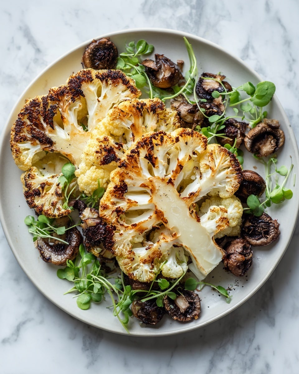The image shows a white plate with a large roasted cauliflower steak placed in the center. The cauliflower is sliced into thick layers with a golden-brown roasted surface and some light charring. Around the cauliflower, there are browned, crispy mushrooms with a slightly wrinkled texture. Fresh green sprouts are scattered around the cauliflower and mushrooms, adding a pop of bright green color and a fresh look. The plate sits on a white marbled surface, and the overall colors are warm with green highlights. photo taken with an iphone --ar 4:5 --v 7