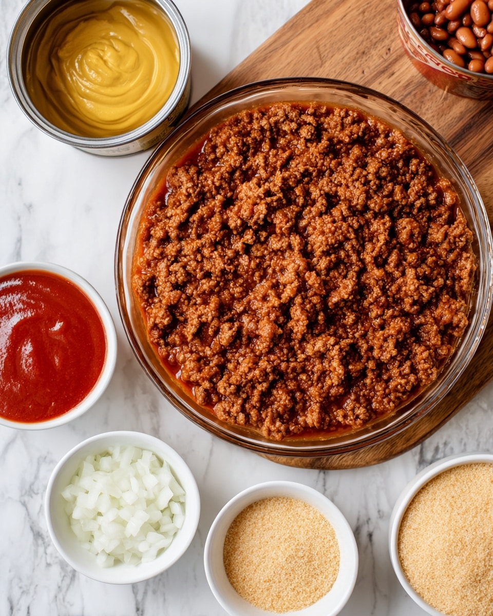 A glass dish filled with cooked ground beef sits in the center of a brown wooden table. To the left, there is a white bowl with a small amount of yellow mustard, and behind it is a large can of baked beans. To the right of the glass dish, there are three small white bowls arranged in a row: the first holds a thick red sauce, the second contains finely chopped white onions, and the third has light brown breadcrumbs. The background surface is changed to white marbled texture. photo taken with an iphone --ar 4:5 --v 7