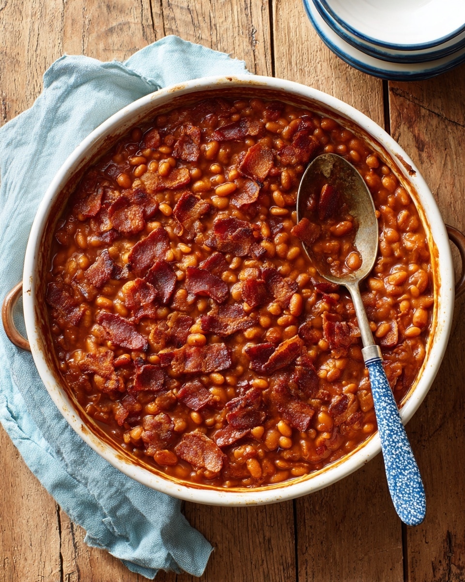 A white round baking dish filled with a thick layer of baked beans mixed with small pieces of crispy bacon and bits of meat, showing a rich reddish-brown sauce. A blue and white speckled spoon rests inside the dish on the right side, partially submerged in the beans. The dish sits on a wooden surface with a folded light blue cloth on the left side. Next to the dish on the top right, there is a small stack of white bowls with a blue inside. The photo taken with an iphone --ar 4:5 --v 7