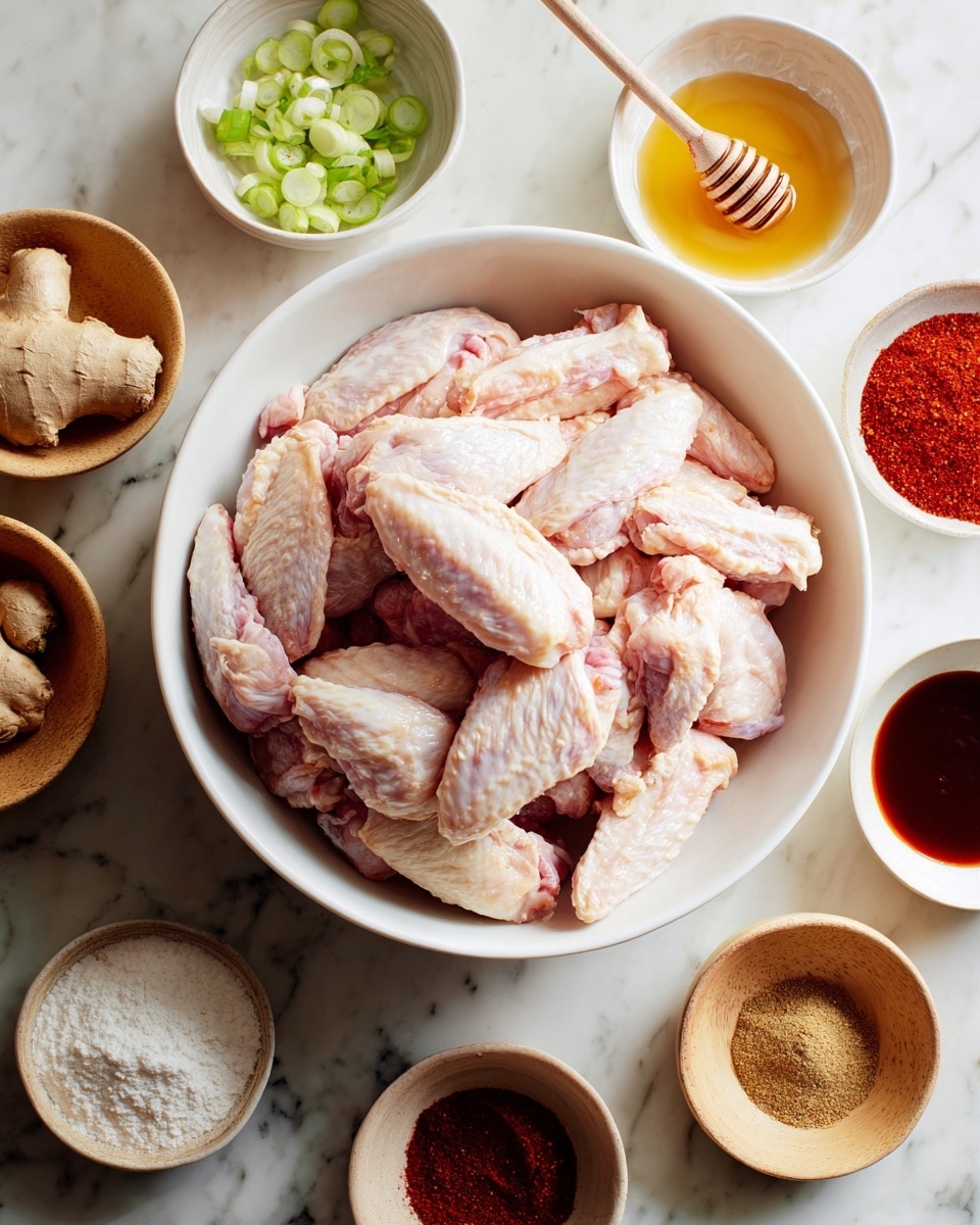 A large white bowl in the center filled with many raw chicken wings piled on top of each other, showing light pink skin and soft texture. Surrounding the main bowl are smaller white and wooden bowls arranged in a circle on a white marbled surface. These smaller containers hold various ingredients: bright red paprika powder, sliced light green scallions, coarse white salt, golden honey with a wooden honey dipper resting in the bowl, dark reddish barbecue sauce, ground ginger, white powder (likely cornstarch), and other spices like garlic powder. A woman's hand is not visible but the neat arrangement suggests preparation for cooking. The lighting is bright and natural, showing clear detail of each element. photo taken with an iphone --ar 4:5 --v 7
