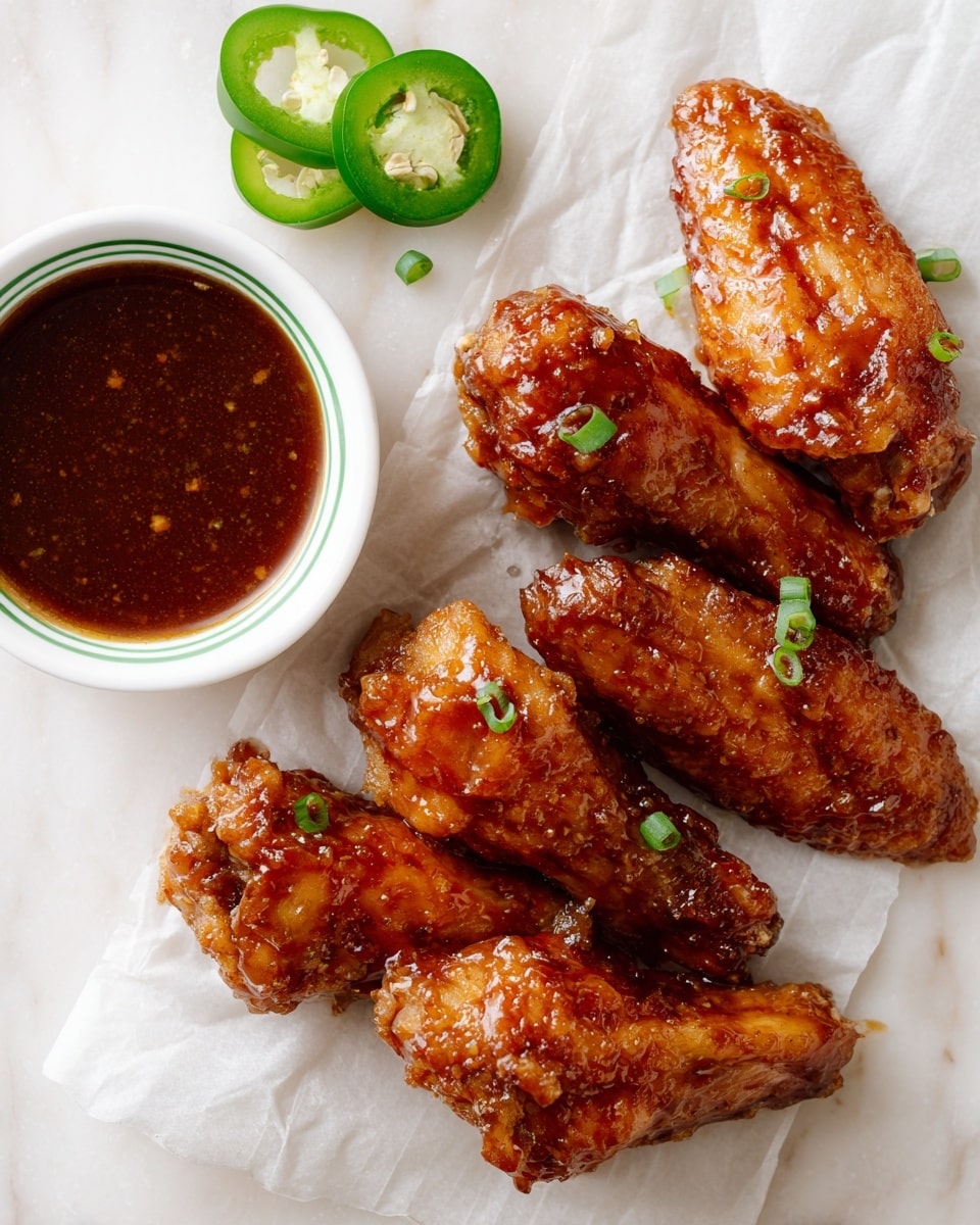 This image shows five shiny, sticky chicken wings arranged closely together on white parchment paper on a white marbled surface. The wings are rich brown with a glossy, slightly textured glaze from the sauce. To the left of the wings is a small white bowl with a thin green line pattern on the rim, filled with a dark reddish-brown sauce that has a smooth but slightly thick texture. Above the bowl, a sliced green jalapeño pepper is placed with two halves and one small round slice, showing its inside seeds. The whole scene has a clean and bright look. Photo taken with an iphone --ar 4:5 --v 7