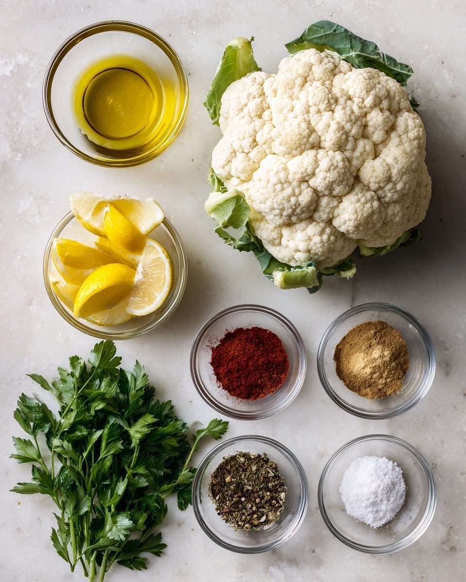 The image shows a white marbled surface with several neatly arranged ingredients. On the top right is a whole head of cauliflower with a few green leaves still attached. Below and slightly to the right of the cauliflower is a small clear glass bowl filled with yellow lemon wedges. At the top left, there is a small glass bowl filled with golden olive oil. Below the oil is a bunch of fresh green parsley with textured leaves. In the bottom right corner, six small clear glass bowls hold various spices and seasonings: brown cumin powder, red paprika powder, white garlic powder, white salt, and mixed black and white pepper. All items are spread out evenly with good spacing in between. Photo taken with an iphone --ar 4:5 --v 7