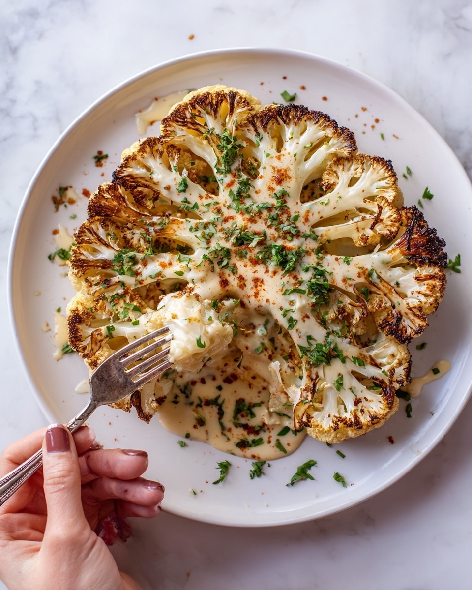 A large roasted cauliflower steak sits in the center of a white plate, its surface golden brown with darker charred edges giving a crispy texture. The cauliflower layers radiate from the center, showing off a creamy white and light yellow color with some char spots. The top of the cauliflower is covered with a smooth, creamy sauce that is a soft beige color, sprinkled with bright green chopped herbs and a reddish spice powder. A woman's hand holds a fork that is lifting a piece from the cauliflower, showing the soft inside. The plate rests on a white marbled surface. photo taken with an iphone --ar 4:5 --v 7