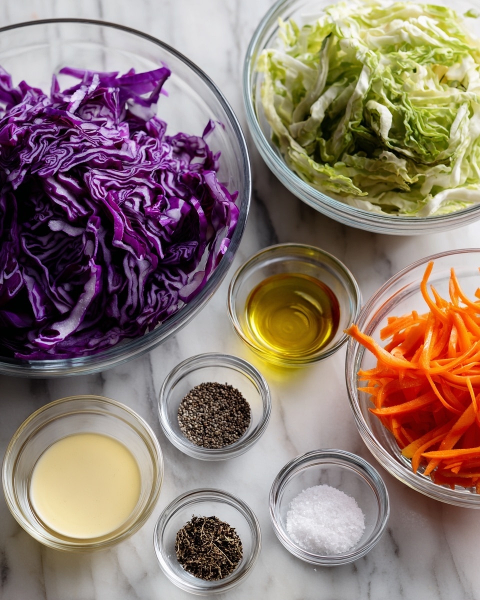There are two large clear glass bowls, one filled with shredded purple cabbage showing rich dark purple and white textures, the other filled with shredded green cabbage mixed with thin strips of orange carrot, both placed on a white marbled surface. In front of these, there are five small clear glass bowls arranged in a loose semicircle; one bowl has a creamy pale yellow sauce, another holds light brown oil, one contains white coarse salt, and two smaller bowls hold different kinds of black and white spices. A woman's hand is not visible in this image. Photo taken with an iphone --ar 4:5 --v 7