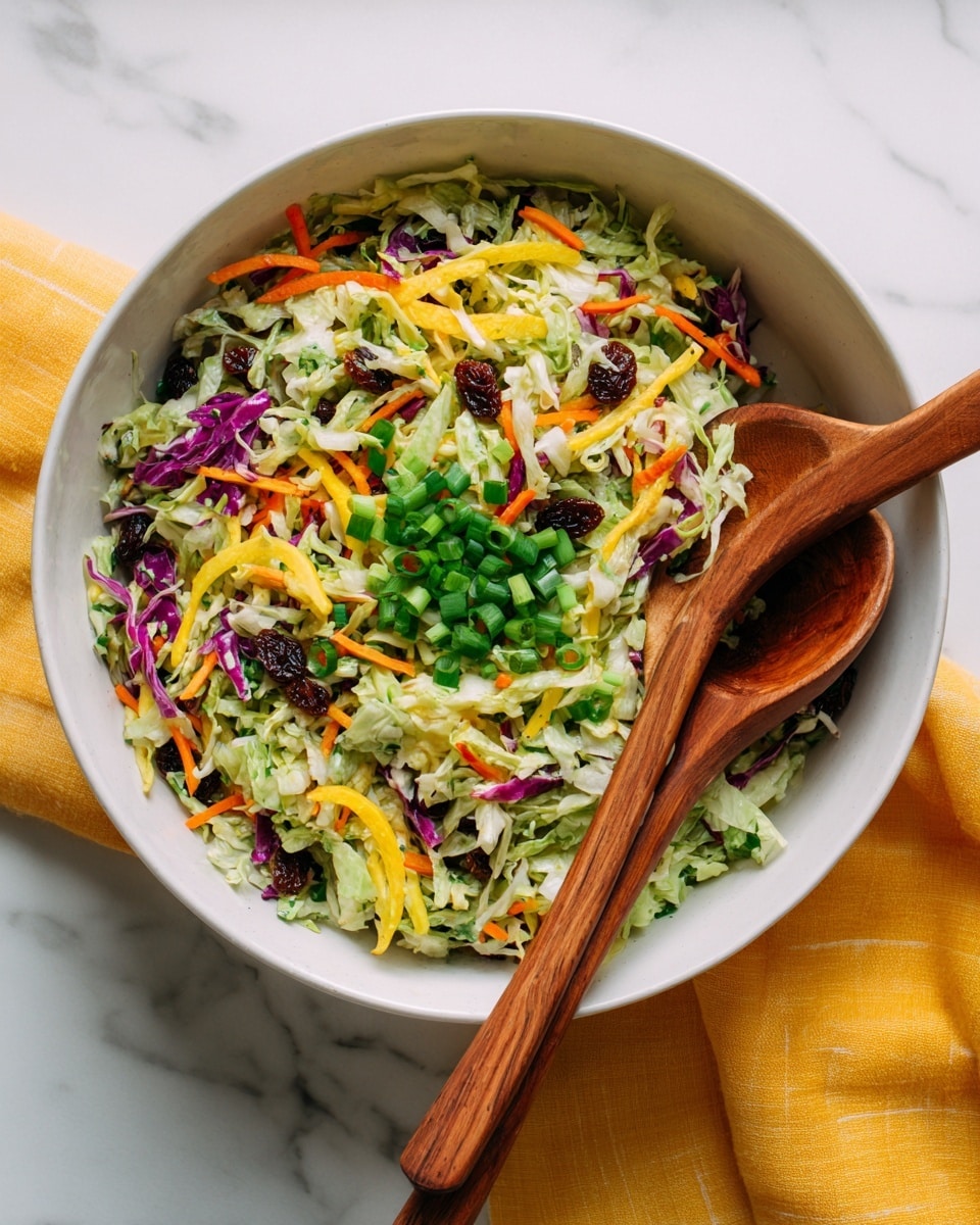 A white bowl filled with a colorful salad showing about five layers: the base layer of light green chopped lettuce with a soft texture, mixed with thin yellow strips of bell pepper and orange carrot pieces scattered evenly throughout. Thin purple cabbage slices add contrast, along with small dark brown raisins scattered on top. Fresh green onion slices are sprinkled generously on the upper layer, adding a bright green pop. Two wooden spoons rest inside the bowl, one at the back and one near the front, both showing a smooth texture. The bowl sits on a white marbled surface with a glimpse of a yellow cloth underneath. Photo taken with an iphone --ar 4:5 --v 7