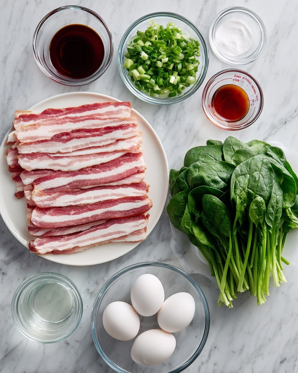 The image shows several cooking ingredients placed neatly on a white marbled surface. At the bottom left, a white plate holds multiple slices of raw bacon arranged side by side, showing white fat and pink meat layers. To the right, there is a clear glass bowl full of fresh green spinach leaves stacked upright with visible stem ends. Above the bacon plate are two small clear glass bowls, one filled with chopped green onions and the other with white granulated sugar. Nearby, two small clear measuring cups hold dark red liquid and clear liquid. Three white eggs rest in a clear glass bowl near the bottom center, with two more white eggs placed in a smaller clear bowl beside it. photo taken with an iphone --ar 4:5 --v 7