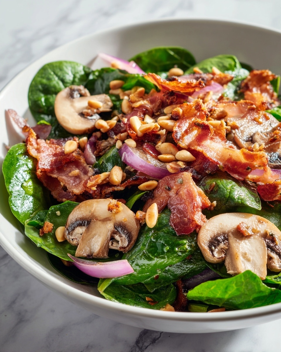 This image shows a fresh spinach salad served in a white shallow bowl. The salad has multiple layers, starting with a base of dark green spinach leaves. Scattered above are light brown cooked mushroom slices with a soft texture. Thin slices of purple-red onion add a slight crispness and a pop of color. There are small, crunchy pieces of golden brown bacon spread across the top. Toasted pine nuts are sprinkled here and there, giving a light nutty texture. The background is a white marbled surface, and the lighting highlights the fresh, vibrant colors of the salad. photo taken with an iphone --ar 4:5 --v 7