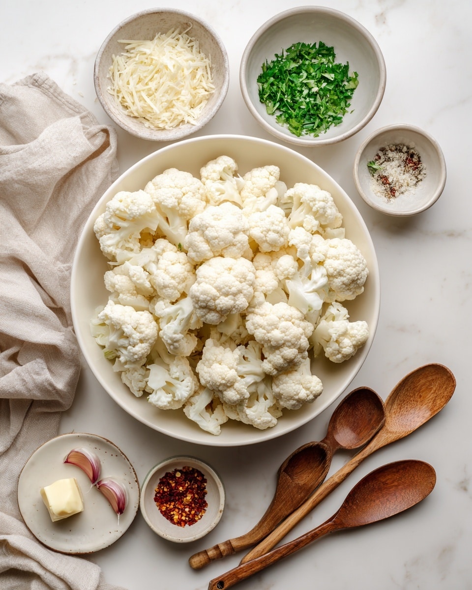 A large white bowl filled with white cauliflower florets sits in the center on a white marbled surface, surrounded by smaller white bowls containing green chopped herbs, off-white cheese flakes, and a small amount of cream or milk. Below the bowl, on the surface, there are three wooden spoons with coarse salt, crushed black pepper, and red chili flakes, along with three cloves of peeled garlic on a small ceramic plate. A small piece of butter rests in another white bowl at the bottom left. A beige cloth with soft folds lies to the right side of the arrangement. Photo taken with an iphone --ar 4:5 --v 7
