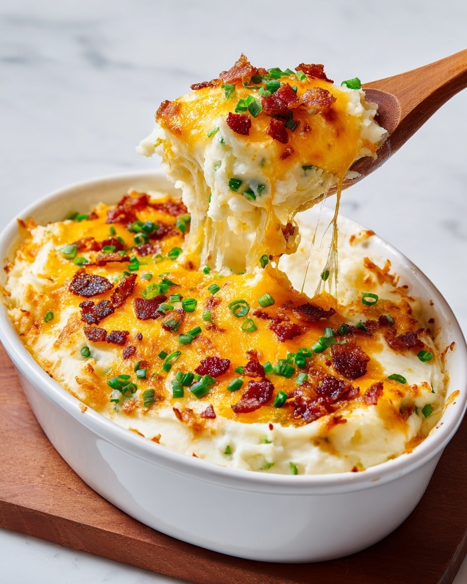 A white oval dish filled with a creamy, thick mashed potato layer that has small green chive pieces mixed inside. On top, there is a spreading layer of bright orange melted cheese with bits of brown crispy bacon and scattered green onion slices. A wooden spoon lifts a scoop showing the creamy potato texture and the cheese stretching slightly. The dish rests on a white marbled surface. Photo taken with an iphone --ar 4:5 --v 7