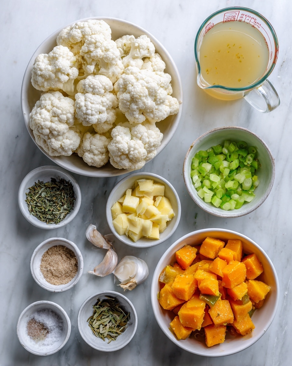 The image shows an overhead view of several small white bowls arranged on a white marbled surface, each containing different ingredients. There is a large bowl in the center filled with white cauliflower florets. To the right of it, a medium bowl is filled with orange chopped pieces, likely squash or pumpkin. At the top right, there is a clear measuring cup with a light yellow broth. Surrounding these are smaller bowls holding green chopped celery, yellow butter pieces, dried herbs, salt, black pepper, garlic cloves, and a small bowl with a light brown powder. The overall setting is clean and bright, with each ingredient clearly visible. Photo taken with an iphone --ar 4:5 --v 7