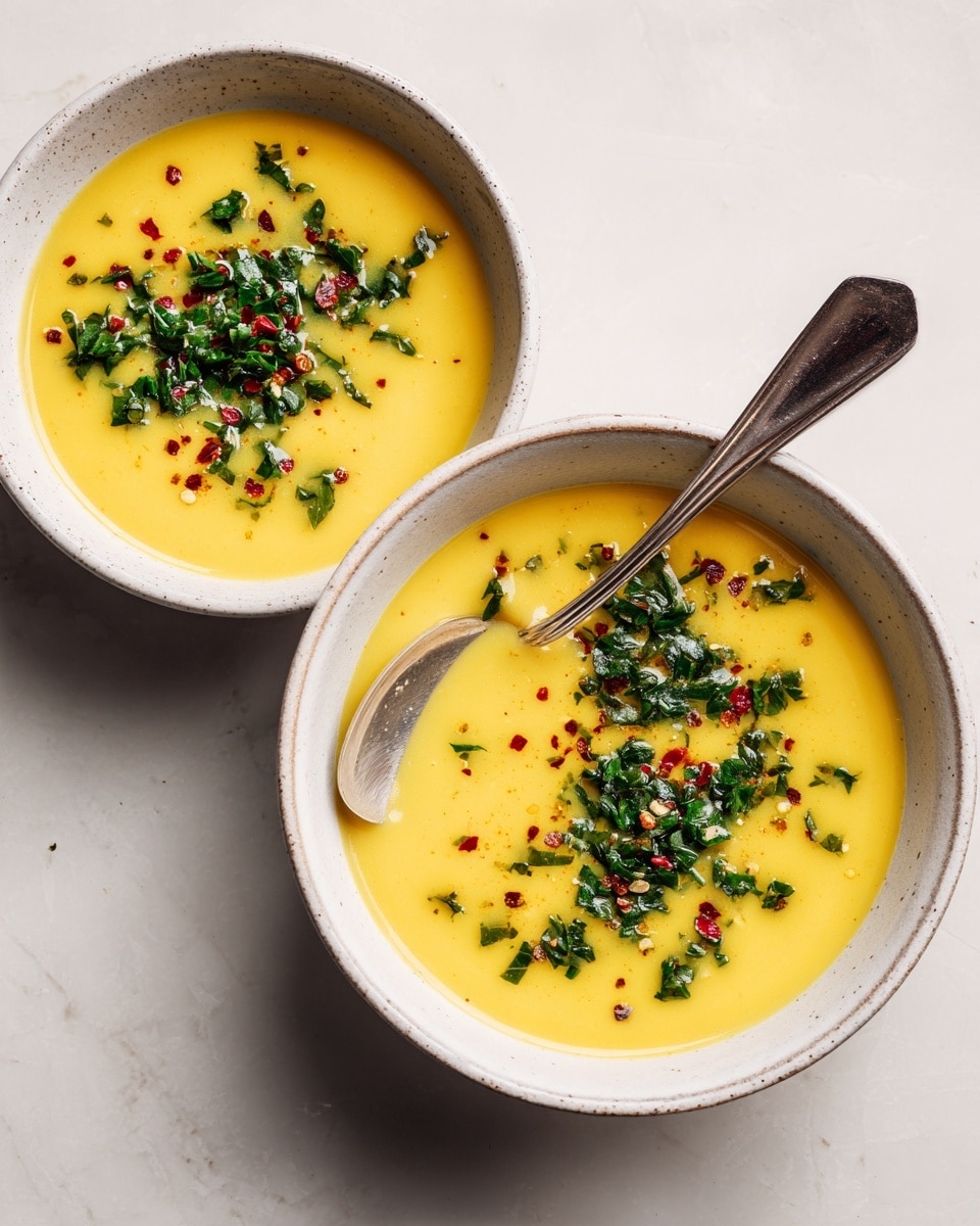 The image shows two bowls of smooth yellow soup with a creamy texture. Each bowl is white with a slightly speckled pattern. The soup is garnished with small bright green herb pieces and tiny red chili flakes scattered mainly in the center. One bowl, closer to the camera, holds a small silver spoon resting inside it. The bowls rest on a white marbled surface with soft lighting. Photo taken with an iphone --ar 4:5 --v 7