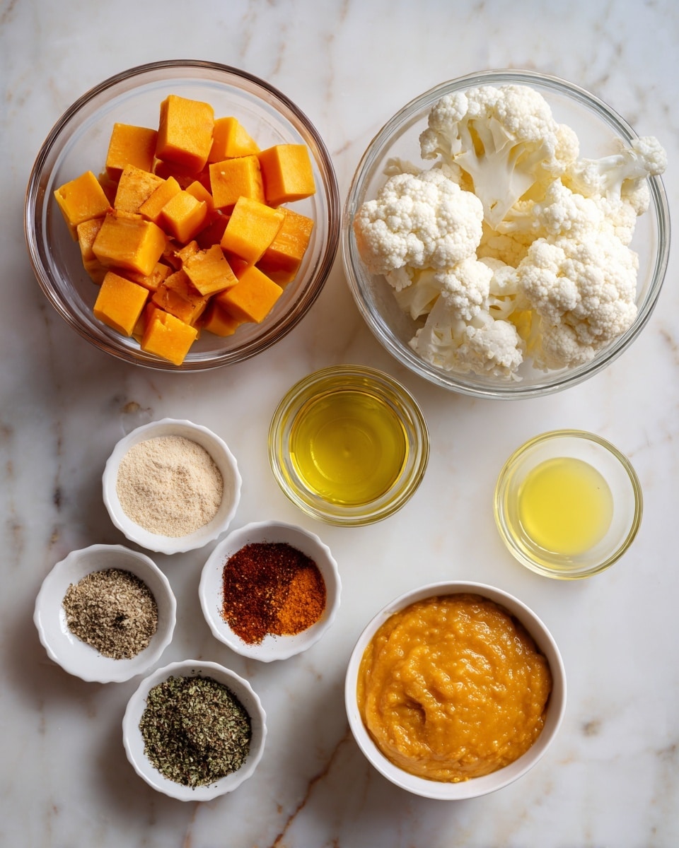 The image shows several bowls placed on a white marbled surface, each containing different ingredients. In the top left is a glass bowl filled with bright orange cubes. Below it, a larger glass bowl holds white cauliflower pieces. Toward the top right, two small clear bowls hold yellow liquid and melted butter. A small glass bowl in the center contains a mix of brown spices. Below it, three smaller white bowls each hold different spices: one light beige, one black and green mix, and one reddish-brown. At the bottom right, a white bowl contains smooth orange puree. photo taken with an iphone --ar 4:5 --v 7
