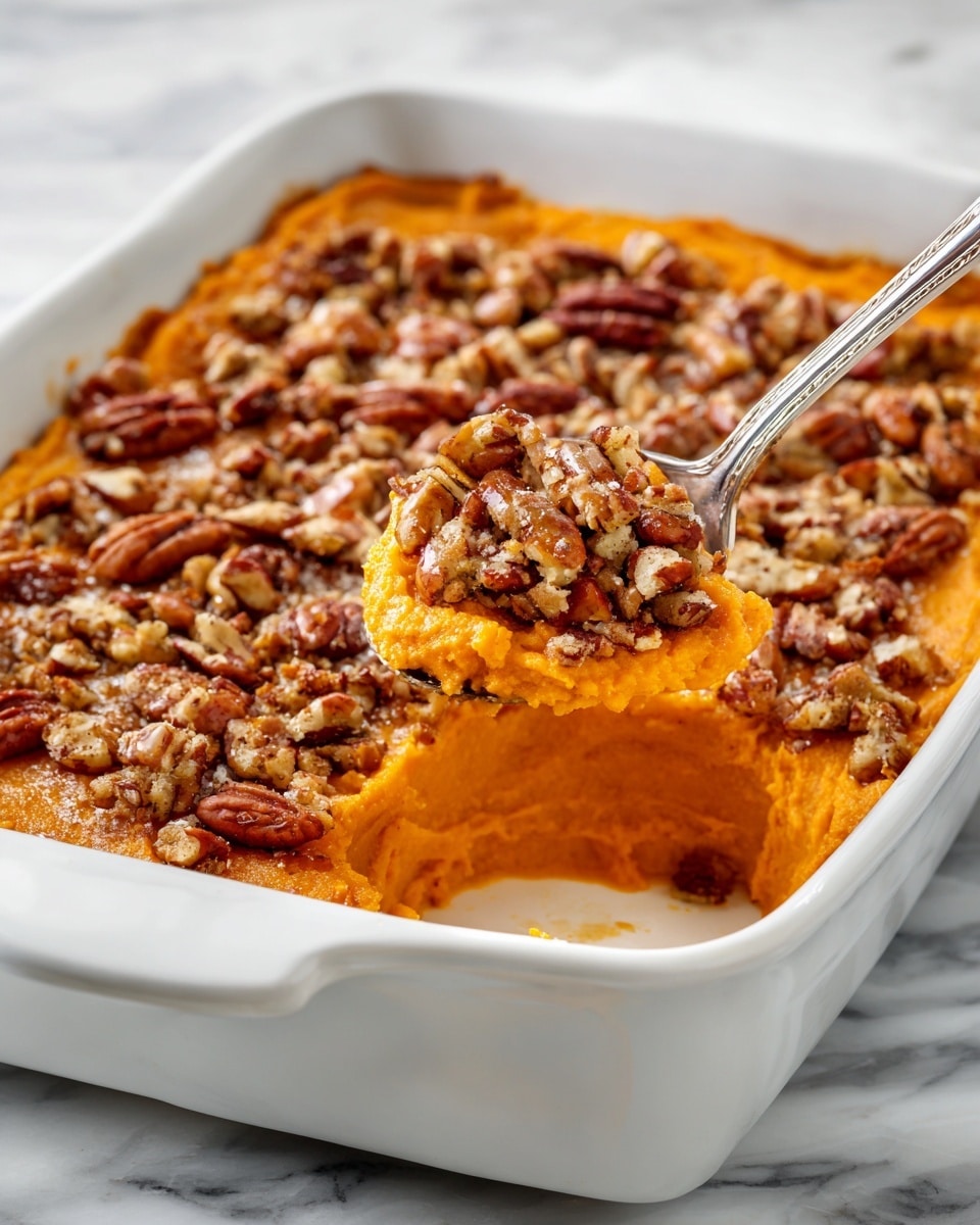 A white rectangular dish filled with a two-layer baked sweet potato casserole. The bottom layer is smooth, bright orange mashed sweet potatoes, soft with a creamy texture. The top layer is a golden-brown crunchy pecan topping, with visible pecan chunks and a sugary glaze creating a crispy surface. A silver serving spoon scoops into the casserole from the side, lifting some mashed sweet potatoes and tasting the mix of textures. The dish sits on a white marbled surface. photo taken with an iphone --ar 4:5 --v 7