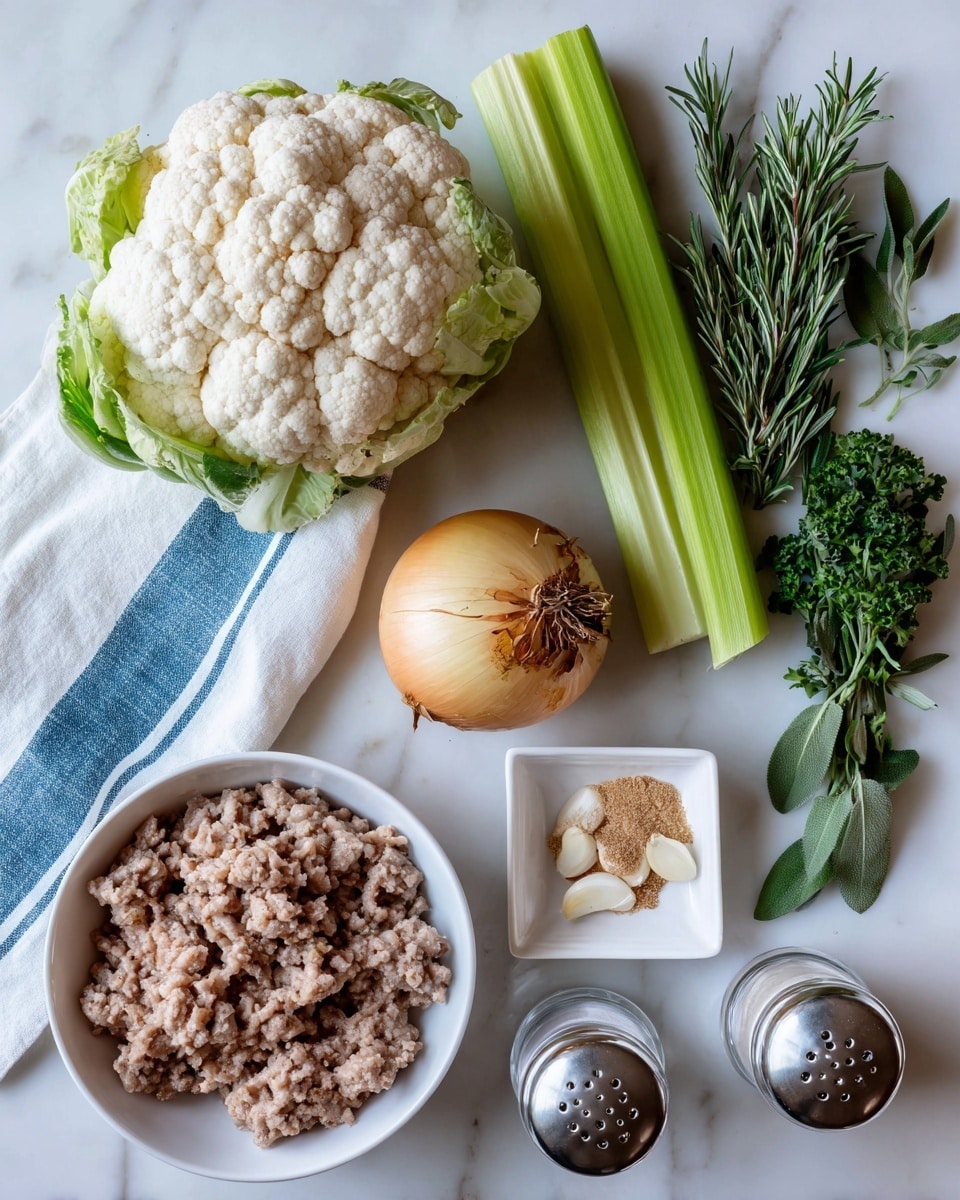 The image shows a white bowl filled with clumps of light brown ground meat at the bottom left. Above it, a large white cauliflower head sits next to two green celery stalks lying horizontally. To the right of the cauliflower is a whole yellow onion with flecks of brown. Fresh green herbs including rosemary, sage, and parsley clusters are on the right side. Below the onion are two peeled garlic cloves and a small white square dish filled with light brown crumbled seasoning. At the bottom right, two clear salt and pepper shakers are next to a white cloth with blue stripes, all set on a white marbled surface. Photo taken with an iphone --ar 4:5 --v 7