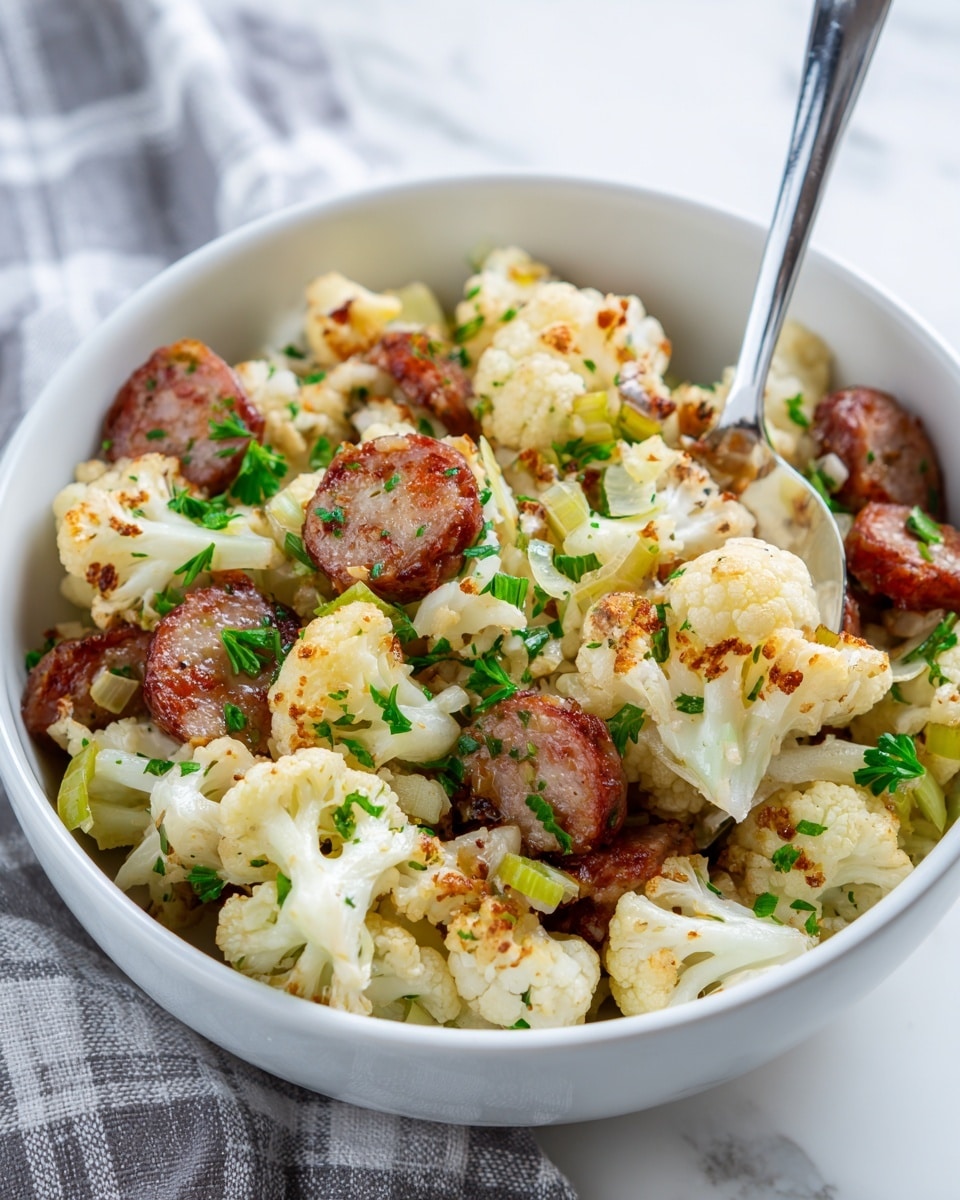 A close-up view of a white bowl filled with cooked cauliflower and browned sausage pieces mixed with small light green celery slices and translucent cooked onion pieces. The dish has a mix of white cauliflower with golden-brown browned spots and the sausage appears crispy with a reddish-brown color. The ingredients are sprinkled with small green parsley pieces, adding a fresh touch. A silver spoon is scooping some of the mixture from the bowl, which sits on a white marbled surface with a gray checkered cloth nearby. photo taken with an iphone --ar 4:5 --v 7