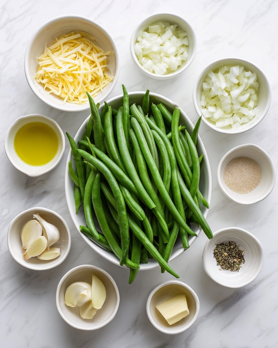 The image shows nine small white bowls and a white bowl filled with fresh green beans arranged on a white marbled surface. In the center is the large white bowl filled with long, fresh green beans. Surrounding it are eight small white bowls: one with shredded yellow and white cheese at the top, one with small white diced onions, one with a golden liquid (likely oil), one with a creamy white liquid, one with a beige powder, one with small pieces of light yellow butter, one with chopped garlic, and the last bowl with a mix of black pepper and salt. The items are neatly spaced and clearly visible, with bright and natural lighting. photo taken with an iphone --ar 4:5 --v 7