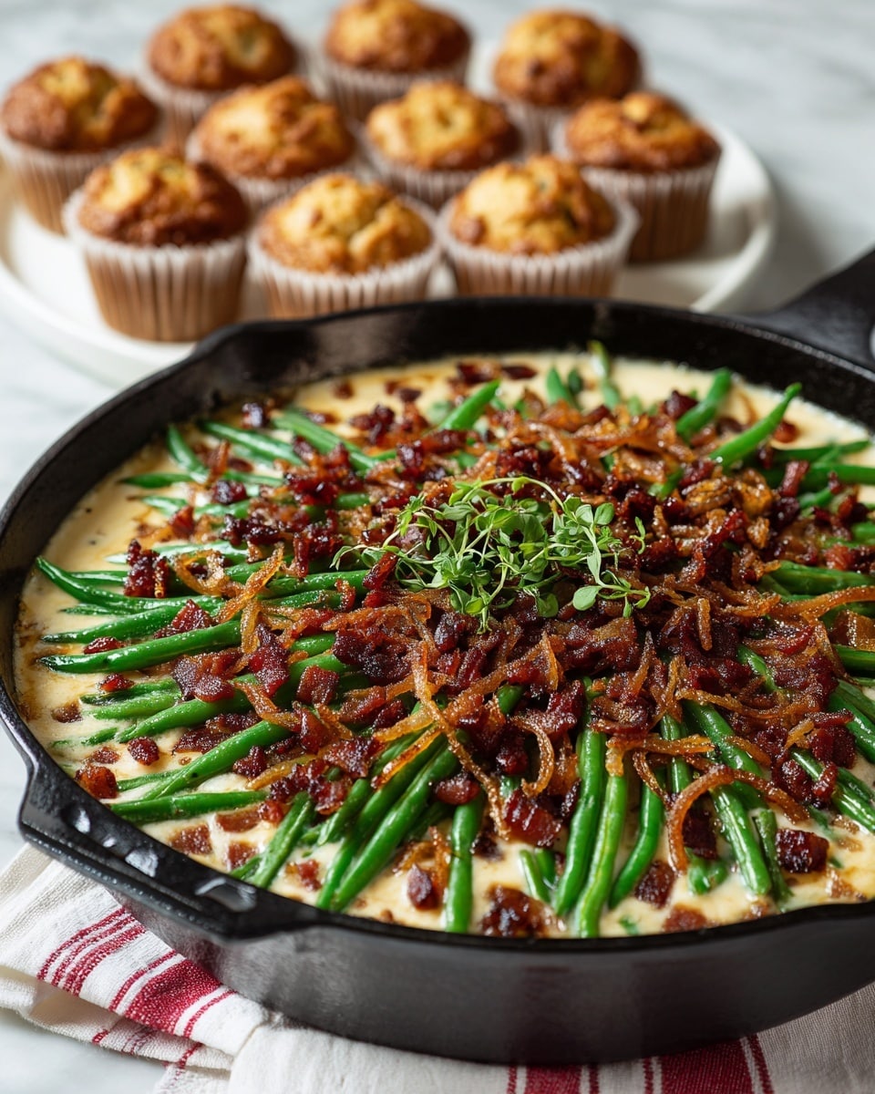The dish is shown in a black cast iron skillet filled with a creamy beige base layer, topped with bright green beans laid evenly across the surface. On top of the green beans is a generous layer of small crispy brown bacon pieces mixed with thin caramelized onion strands scattered all over. A small bunch of fresh green herbs is placed in the center for garnish. In the background, there is a white plate with several light brown muffins wrapped in paper cups. The skillet sits on a white cloth with red stripes, all against a white marbled surface. photo taken with an iphone --ar 4:5 --v 7