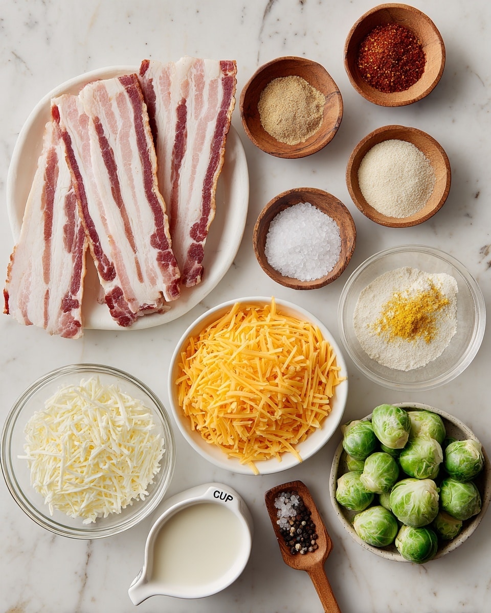 The image shows several food items arranged neatly on a white marbled surface. At the top left, a white bowl holds thick strips of raw bacon with pink and white layers of fat and meat. To the right, three small wooden bowls contain finely ground reddish spice, light beige powder, and another beige powder of a slightly different shade. Below the bacon, a white bowl is filled with bright orange shredded cheddar cheese, while a clear glass bowl to its left holds shredded white cheese. At the bottom right, a white bowl is filled with whole green Brussels sprouts. Scattered near the center bottom are seasoning items: a wooden bowl with coarse white salt and a small wooden spoon, a small wooden bowl with black peppercorns, and a white measuring cup marked