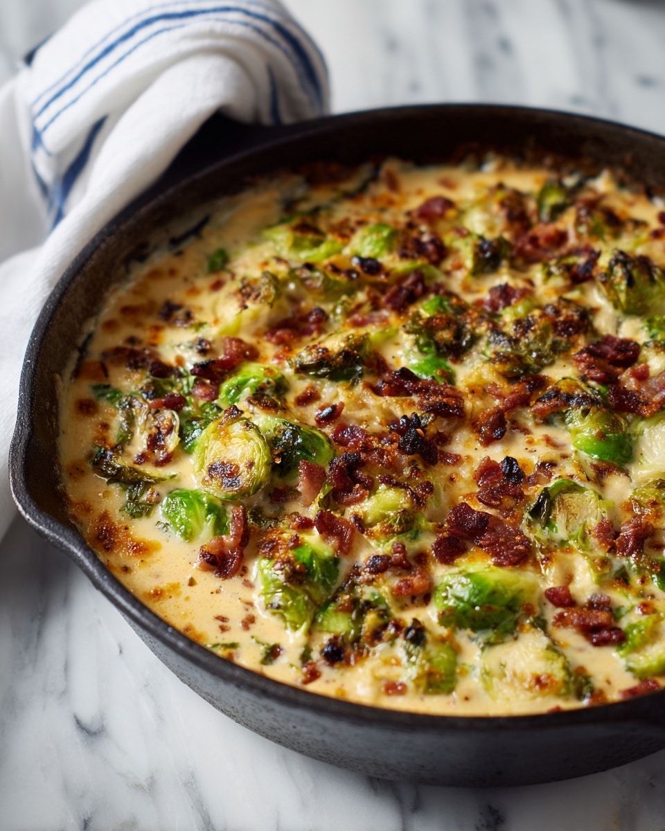 A close-up view of a cast iron pan filled with a cooked dish showing several layers: the base layer is creamy, light yellow sauce, topped with scattered green Brussels sprouts pieces that have some dark char marks, and small chunks of browned bacon spread evenly across. The surface looks rich and slightly bubbling with a mix of textures from the smooth sauce and crispy vegetables and bacon. The pan is on a white marbled surface with a white towel that has blue stripes beside it. photo taken with an iphone --ar 4:5 --v 7