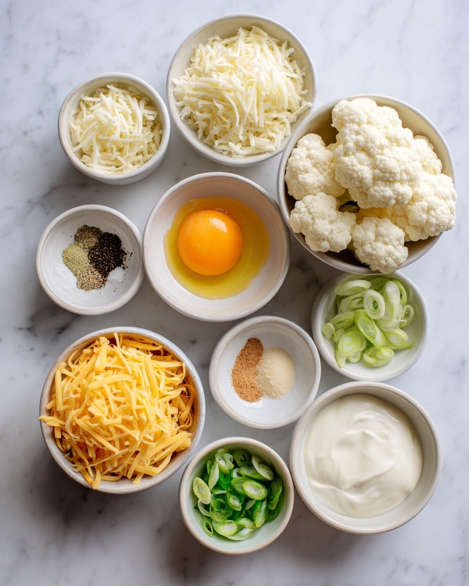 The image shows several small white bowls arranged on a white marbled surface, each filled with different ingredients: one bowl holds large white cauliflower florets in the center right, another contains shredded yellow cheddar cheese at the bottom left, a bowl with grated white cheese is placed at the top left, a bowl with a raw egg yolk sits at the top right, and other small bowls contain sour cream, green sliced scallions, black pepper, salt, and a light brown powder, all spread out neatly with clear color contrasts and textures. photo taken with an iphone --ar 4:5 --v 7