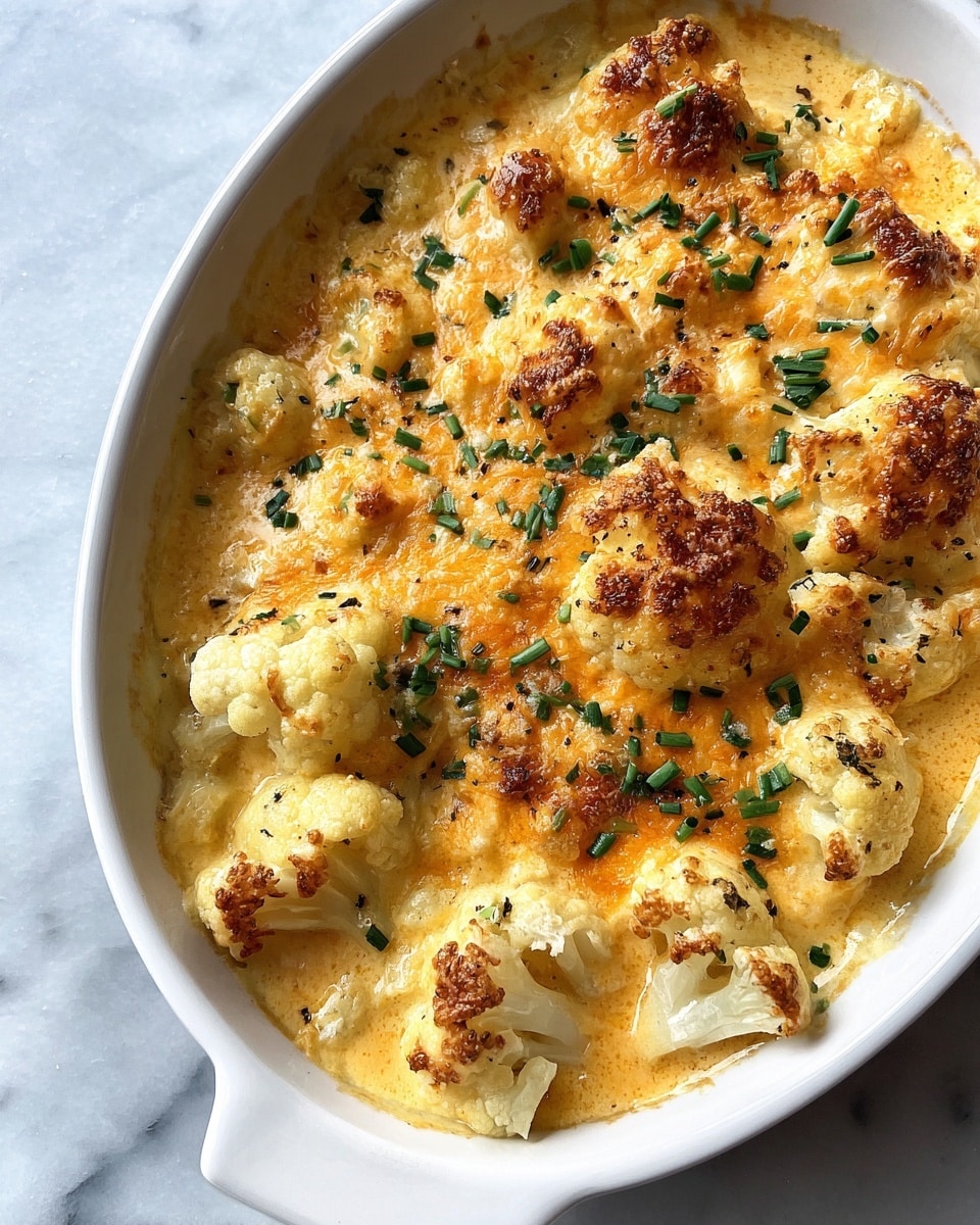 A close-up image of a white ceramic oval dish filled with creamy cheesy cauliflower bake, showing about two layers: the bottom layer consists of pale yellow roasted cauliflower pieces, and the top layer is a smooth, light orange cheese sauce with some melted cheese texture and small green chopped herbs scattered on top, all placed on a white marbled surface. photo taken with an iphone --ar 4:5 --v 7