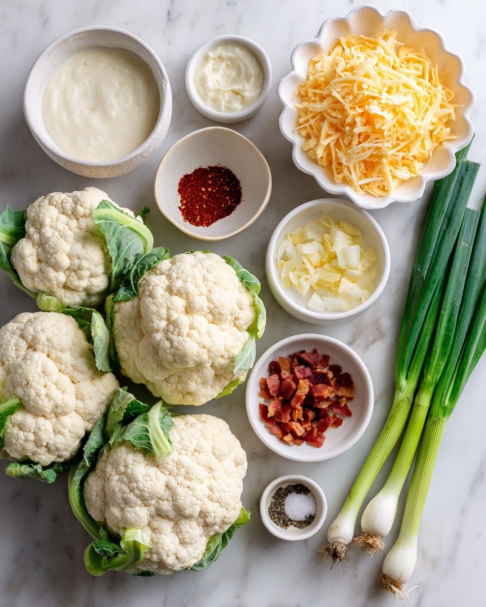 The image shows a top view of various ingredients arranged on a white marbled surface. There are two large heads of cauliflower placed at the bottom left corner with green leaves attached. To the right of the cauliflower, there are two green onions with white bulbs aligned diagonally. Above the cauliflower, there are small white bowls: one with minced garlic, one with red powder spice, another with small pieces of bacon, and two tiny bowls with salt and black pepper. At the top left, there is a white bowl filled with creamy white sauce next to a similar bowl with a white liquid. In the middle, a white scalloped bowl contains melted yellow butter. At the top right, there is a large white bowl full of shredded orange cheese. photo taken with an iphone --ar 4:5 --v 7