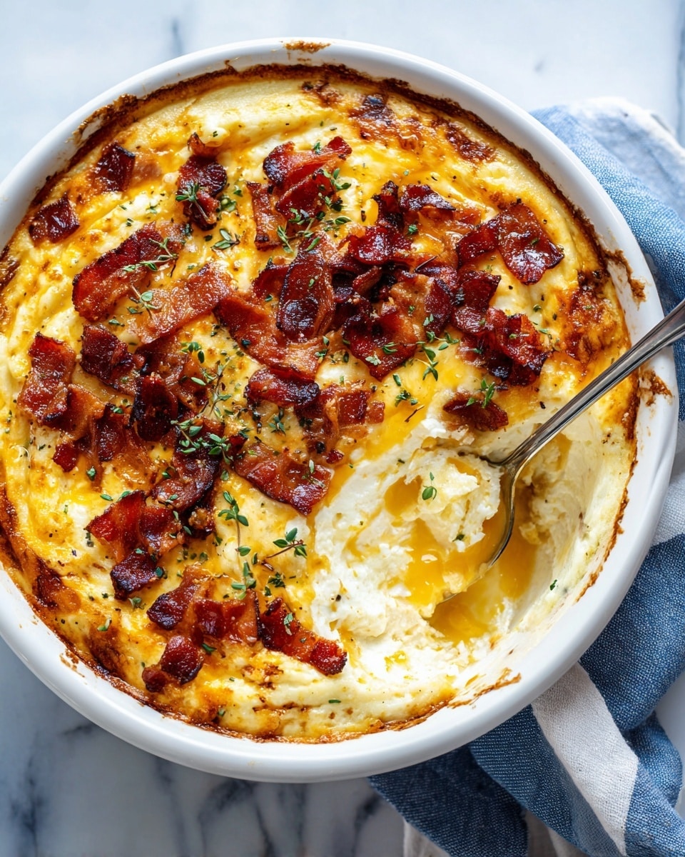 The image shows a white dish filled with a creamy, cheesy casserole that has a golden-brown top layer made of melted cheese and crispy, dark red bacon pieces. Small green herbs are sprinkled evenly on top, adding a pop of color. A spoon scoops out a portion from the side, revealing a soft, white layer under the golden cheese and bacon crust, with yellow butter or sauce pooling around the edges. The dish sits on a white marbled surface with part of a blue and white cloth visible underneath. photo taken with an iphone --ar 4:5 --v 7