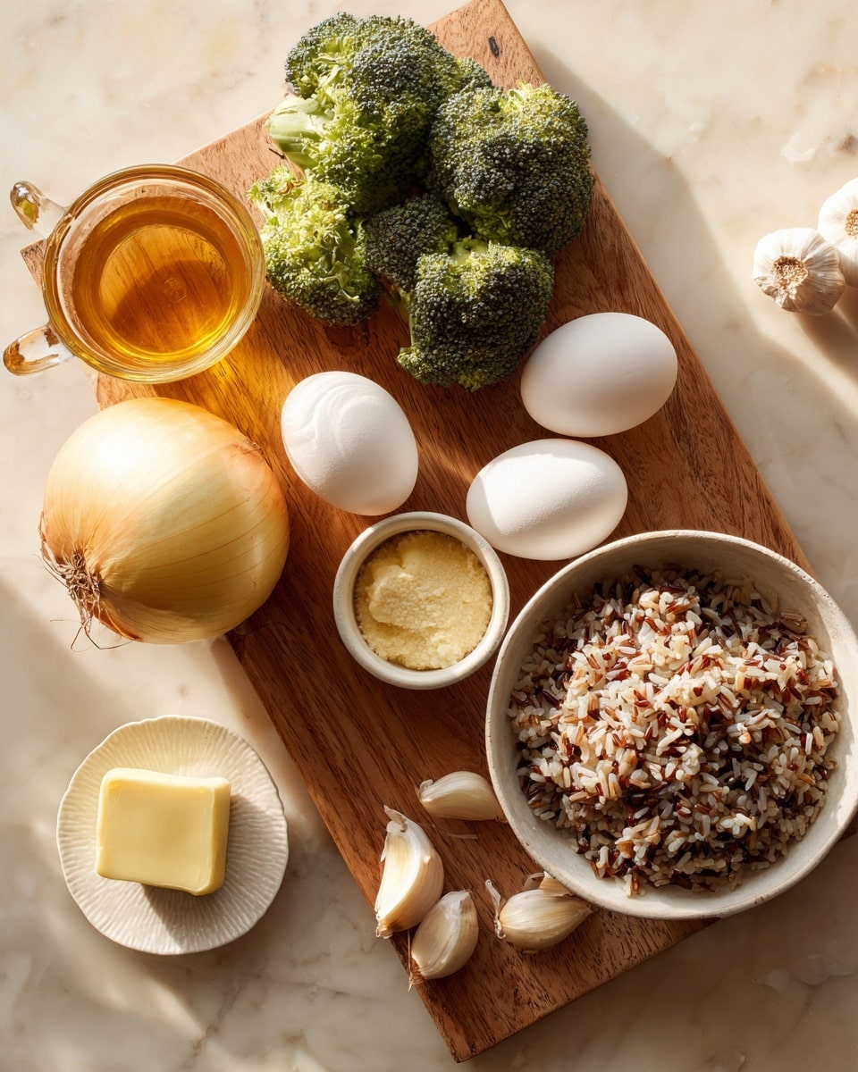 The image shows a wooden board with various cooking ingredients arranged neatly. There is a large onion with a smooth light yellow skin, two white eggs, and some garlic cloves with their papery skin. A head of fresh broccoli with dark green florets is present in the background. On the board, there is a small white bowl filled with a beige powder, and beside it, a small glass dish holds a light yellow paste. A small pat of butter sits on a white round plate. A clear measuring glass filled with amber-colored liquid is also placed on the board. A larger white bowl filled with a mix of cooked wild and brown rice with visible grains and different shades of brown and cream stands prominently in the front right. All items are on a white marbled surface in soft, warm light. photo taken with an iphone --ar 4:5 --v 7
