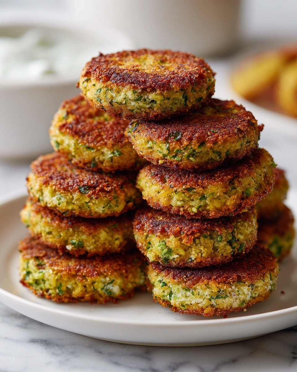The image shows a white plate filled with eight golden-brown falafel patties stacked slightly on top of each other, with a crispy, textured outside and a greenish inside that hints at herbs and chickpeas. The plate sits on a white marbled surface, and the background is softly blurred with hints of a white container and other food items. The falafel patties have a crunchy, uneven surface, and their round shape is consistent, appearing thick and well-fried. photo taken with an iphone --ar 4:5 --v 7