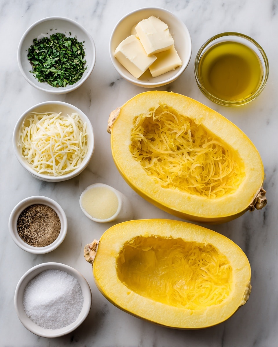 The image shows two halves of a yellow spaghetti squash placed on a white marbled surface. Around the squash, several small white bowls hold different ingredients: chopped green herbs on the top left, three slices of pale yellow butter below that, shredded cheese in a clear bowl on the bottom left, a small bowl with coarse white salt and black pepper next to it, a bowl with light brown sugar near the bottom right, a clear cup filled with golden broth above the brown sugar, and a bowl with green olive oil near the bottom edge. The ingredients are neatly arranged, giving a clean and organized look. photo taken with an iphone --ar 4:5 --v 7