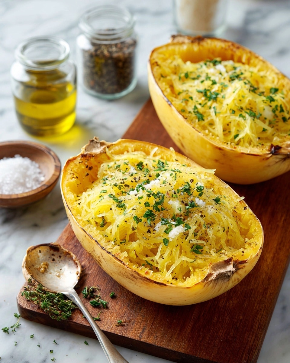Two halves of roasted spaghetti squash filled with soft, shredded yellow squash strands sit side by side on a wooden board. The inside of each squash is a light golden color with slightly browned edges, showing a tender, cooked texture. The strands are topped with small bits of white butter melting in spots and sprinkled evenly with bright green chopped herbs. One half has a spoon scooping into the strands, adding a rustic and inviting touch. Nearby on the white marbled background are a glass jar of dried dark spices, a clear glass with green herbs, a bottle of olive oil with a yellow label, and a small mound of white salt crystals. Photo taken with an iphone --ar 4:5 --v 7