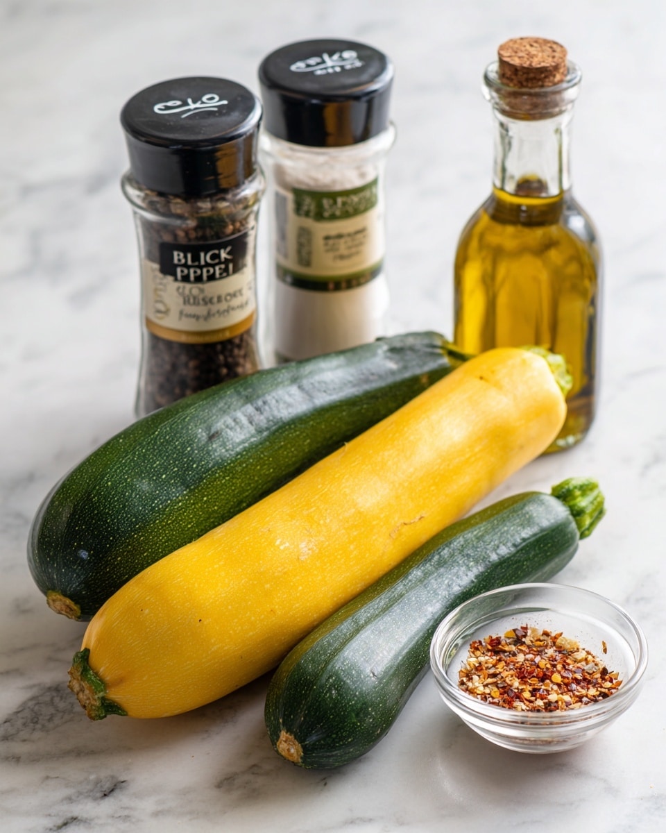 The image shows two whole zucchinis lying on a white marbled surface, one dark green and one pale yellow. Behind them, there are three containers: two clear spice shakers labeled