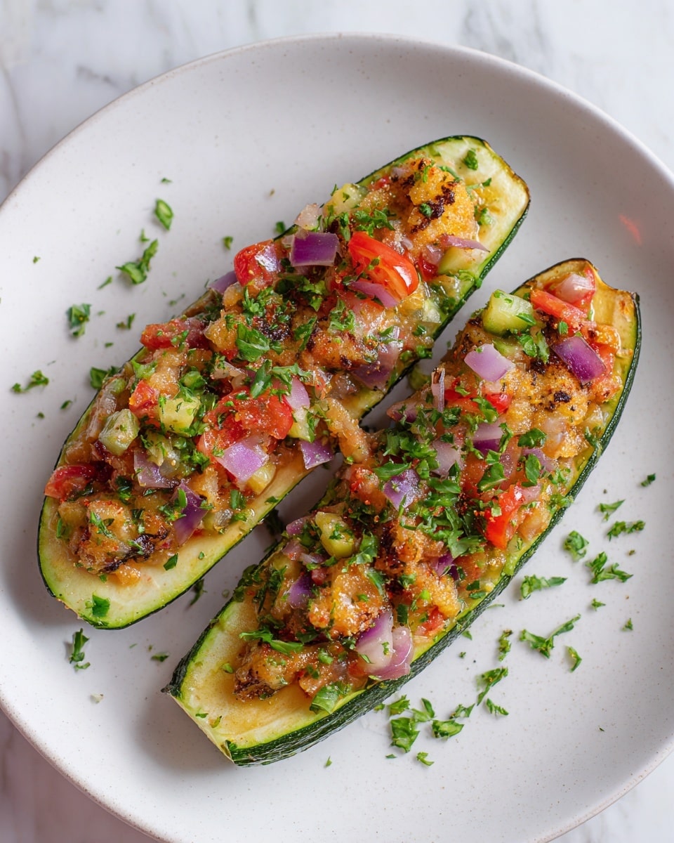 The image shows two zucchini halves placed side by side on a white plate with a white marbled background. Each zucchini is filled with a colorful mixture that includes small pieces of red tomatoes, purple onions, and a golden brown cooked topping that looks slightly crispy. Green herbs are sprinkled lightly on top, adding a fresh touch. The zucchini skin is a deep green, contrasting with the bright colors of the filling. Photo taken with an iphone --ar 4:5 --v 7