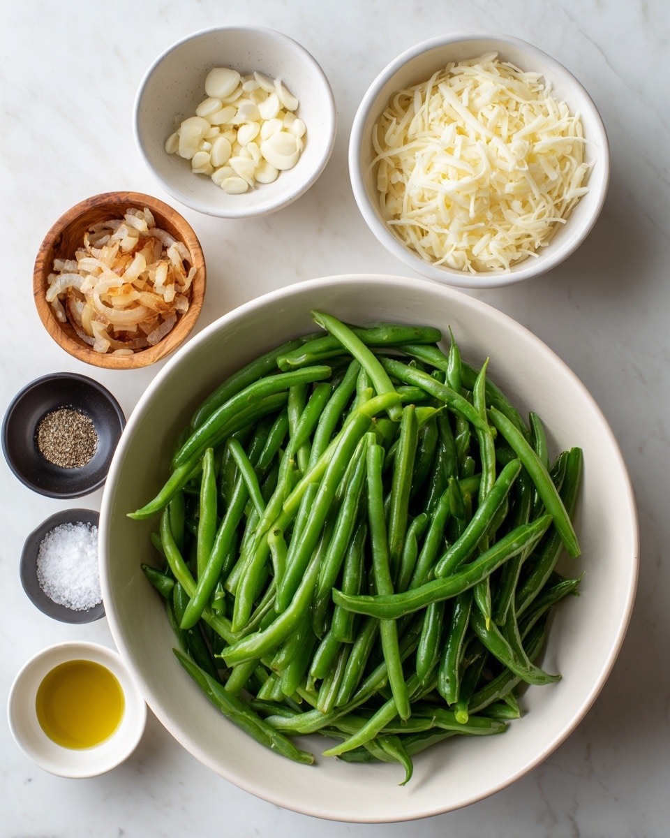 A large white bowl filled with bright green fresh green beans sits in the center on a white marbled surface. Above it, three small bowls form a row: two white bowls with shredded cheese on each side and a small wooden bowl with minced garlic in the middle. Below the large bowl, from left to right, there is a small white dish with crispy fried onions, a small glass filled with golden oil, a small white bowl with ground black pepper, and a black bowl with white salt. The items are neatly arranged and evenly spaced. Photo taken with an iphone --ar 4:5 --v 7