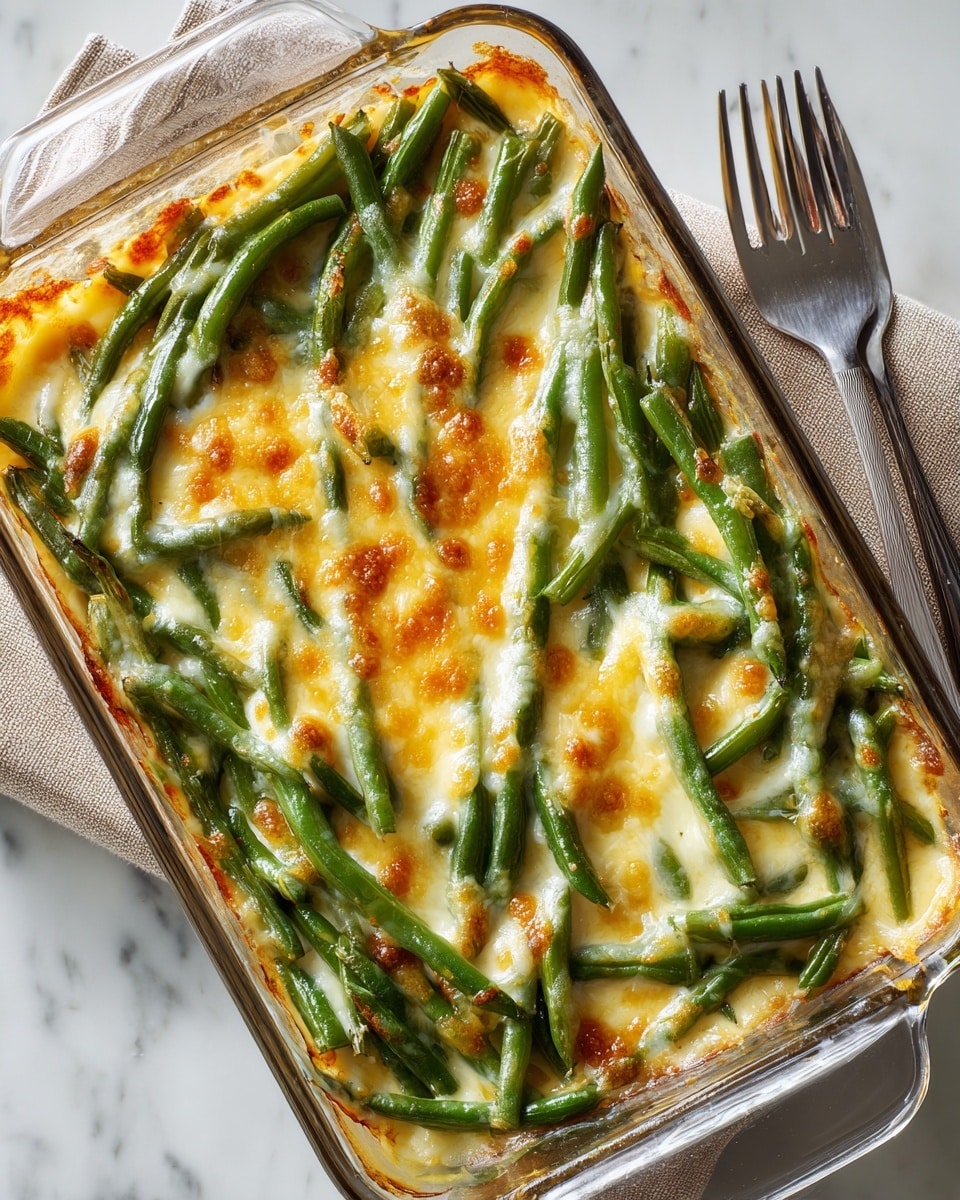 A glass rectangular baking dish filled with one layer of fresh green beans topped evenly with a melted golden yellow and light brown cheese layer. The cheese slightly bubbles and browns, covering the green beans fully, with some spots showing the green bean tips peeking through. The dish rests on a white marbled surface with a silver fork peeking from the top right corner. photo taken with an iphone --ar 4:5 --v 7