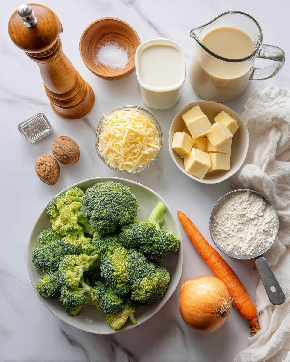 A white bowl filled with many bright green broccoli florets sits near the center on a white marbled surface. Around it are several containers and ingredients: a small wooden bowl with coarse salt, a tall wooden pepper grinder, a glass pitcher with light brown broth, a glass pitcher with white milk, a white bowl full of pale yellow butter cubes, a clear round bowl filled with shredded pale yellow cheese, a small white bowl holding a single nutmeg, a whole yellow onion, a long orange carrot, a small metal measuring cup with white flour, and a crumpled white cloth. photo taken with an iphone --ar 4:5 --v 7